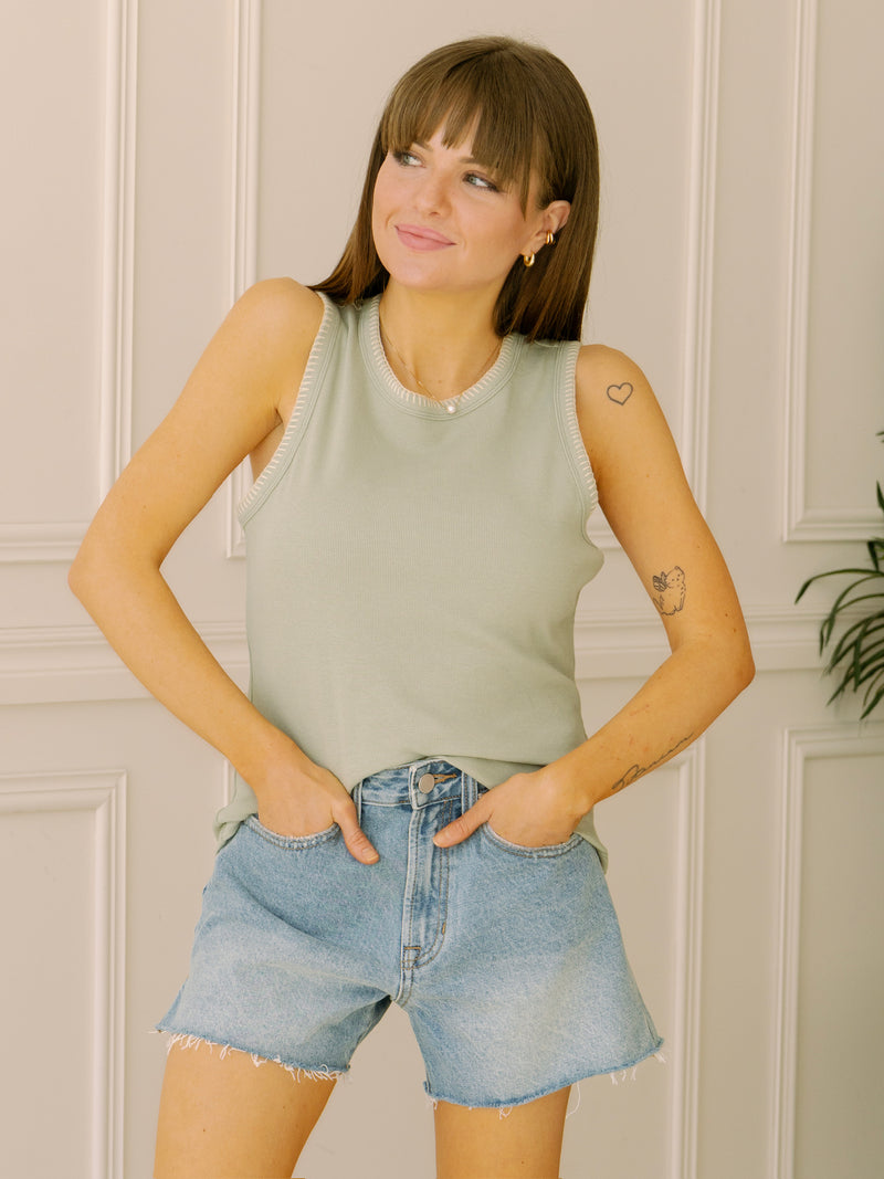 Stitched Trim Sage Tank