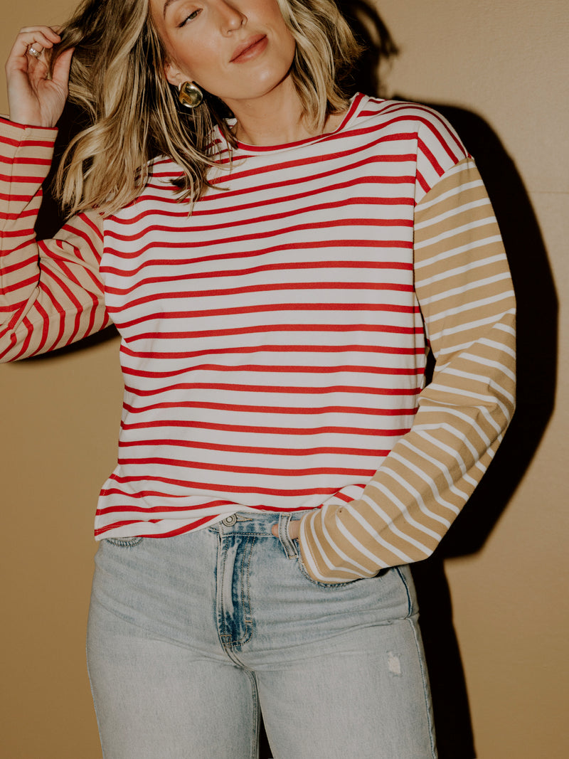 English Factory Stripe Color Block Sweatshirt - Red Multi