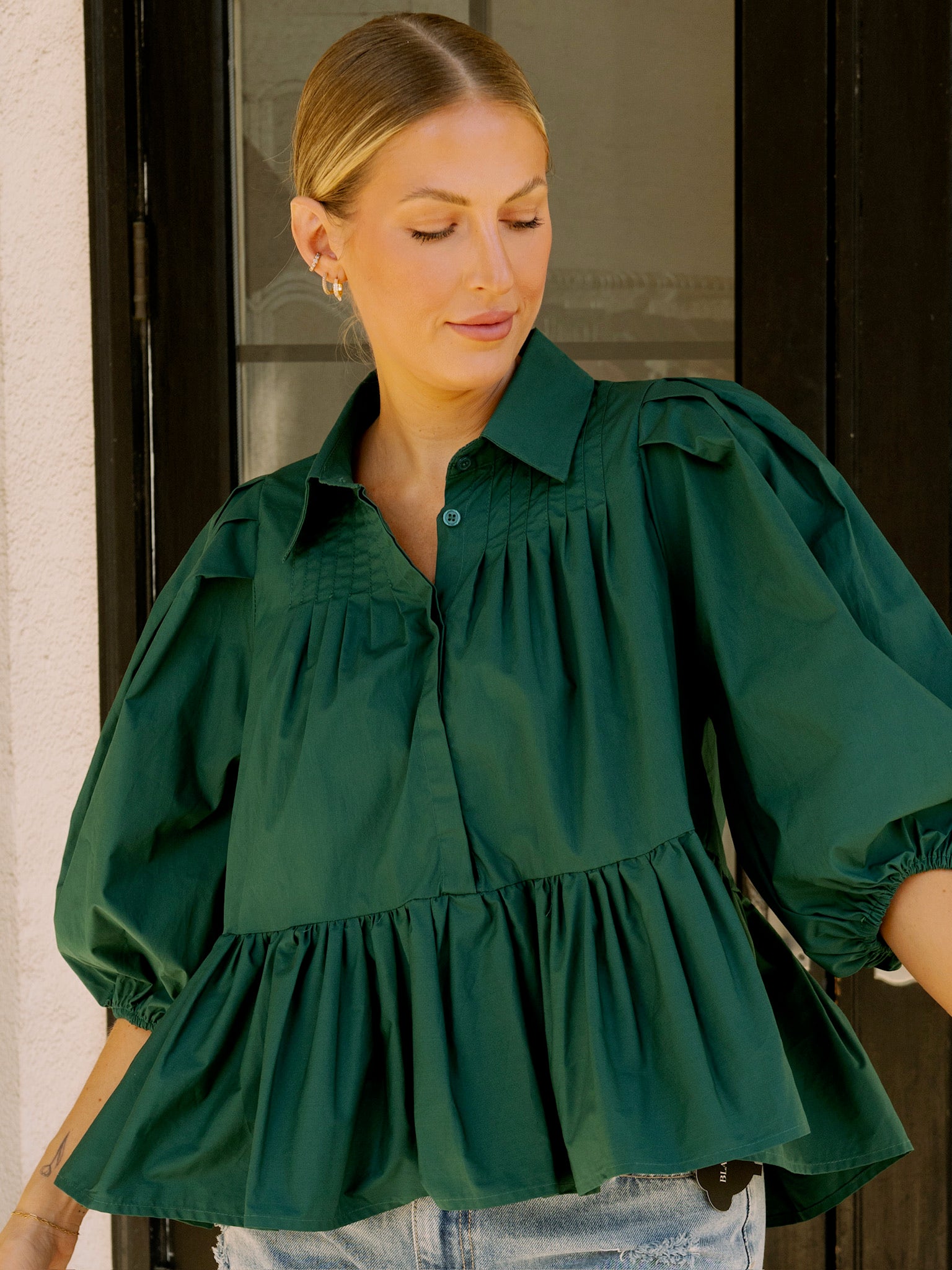 Meet Me in Santorini Hunter Green Poplin Blouse