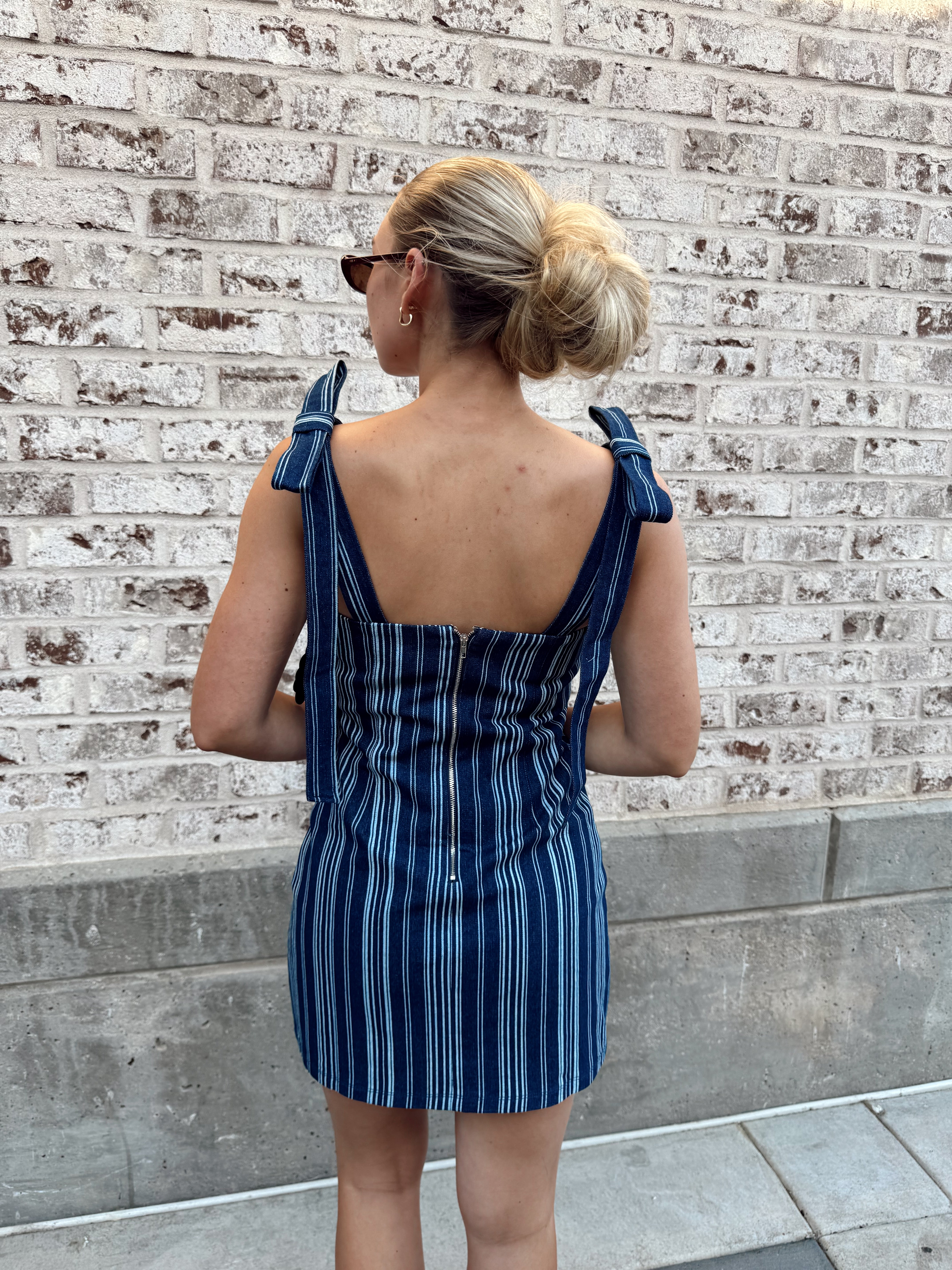 English Factory Denim Stripe Bow Shoulder Mini Dress
