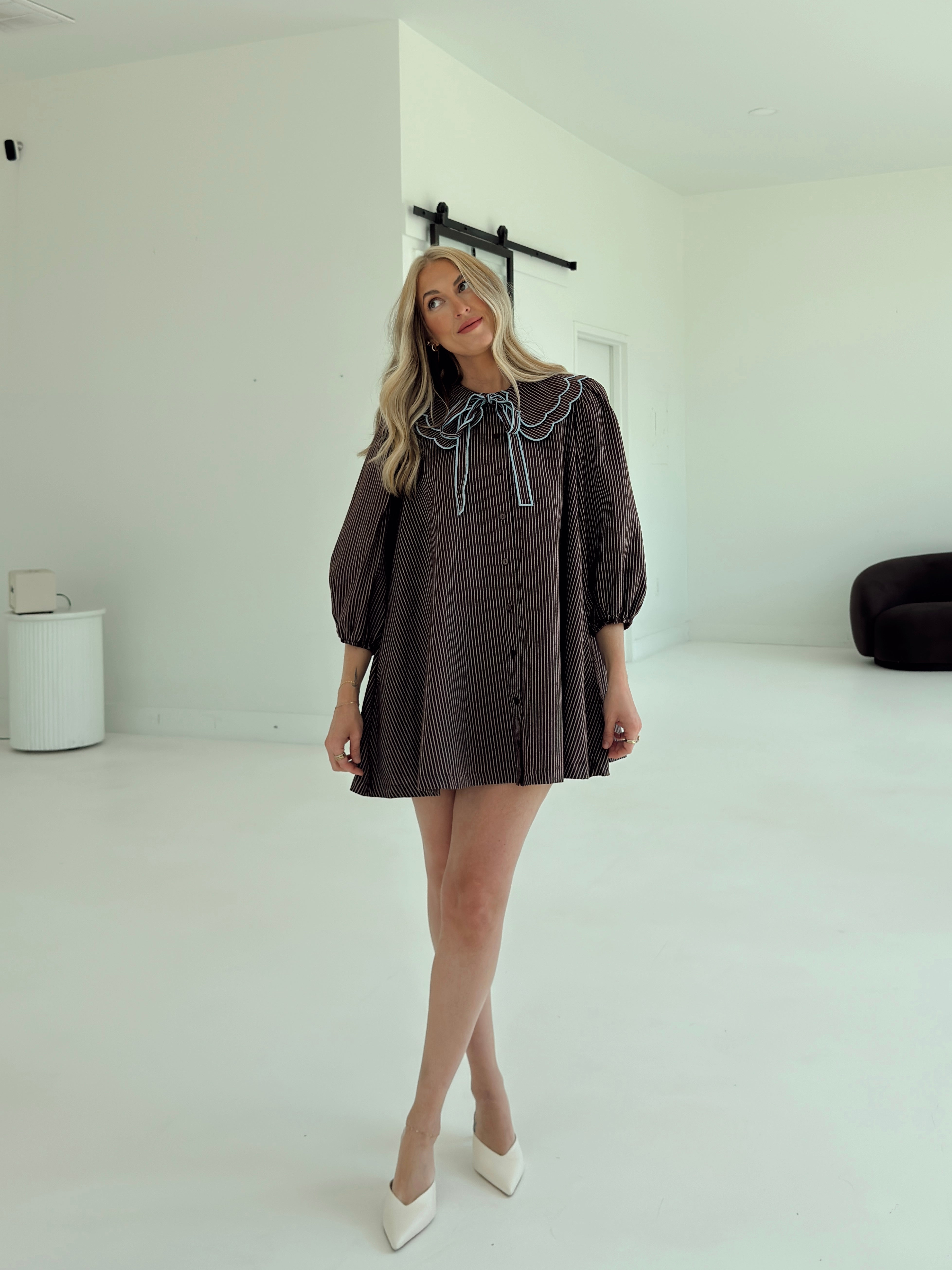Saige Striped Scallop Collar Dress - Brown