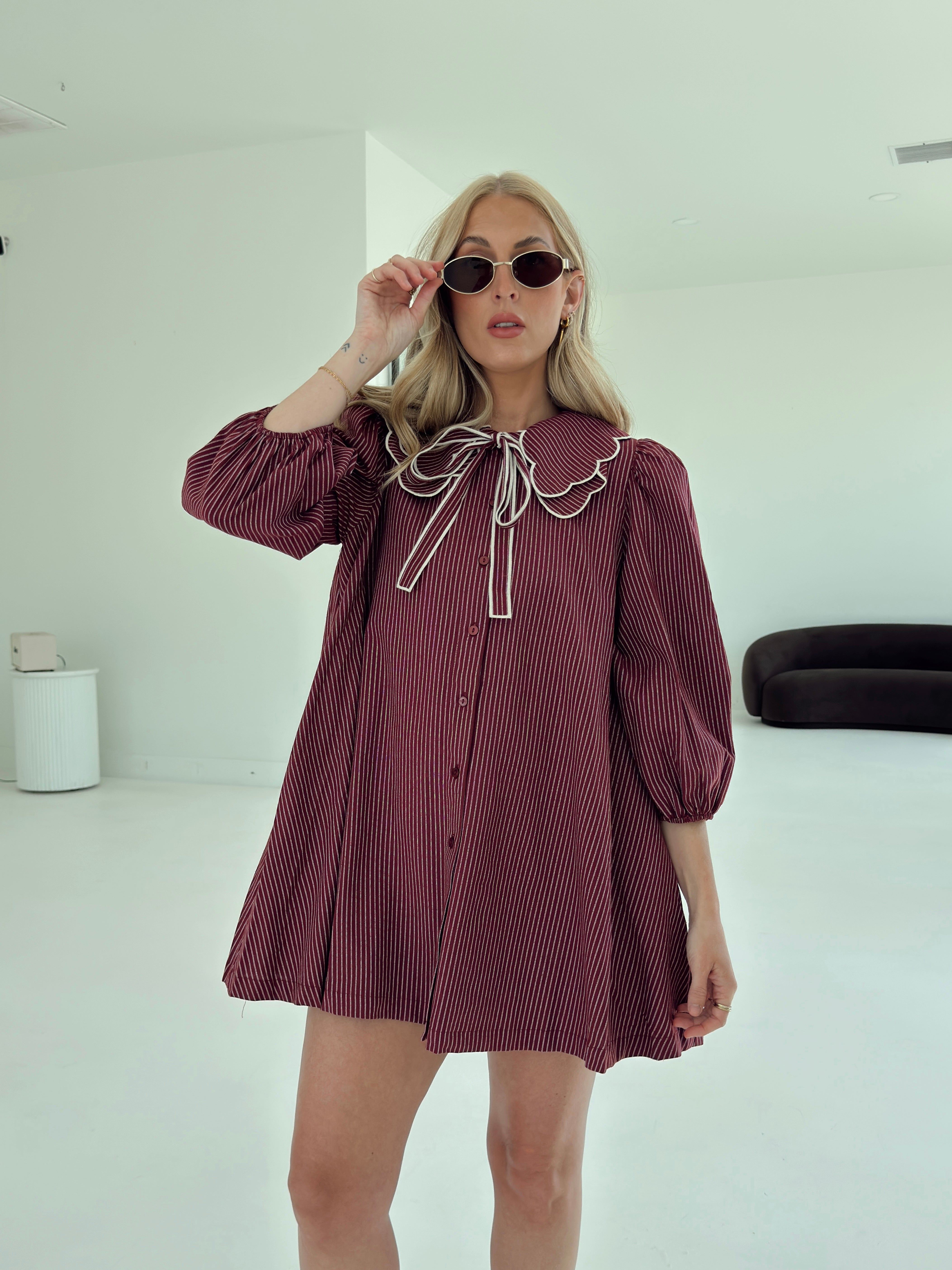 Saige Striped Scallop Collar Dress - Burgundy