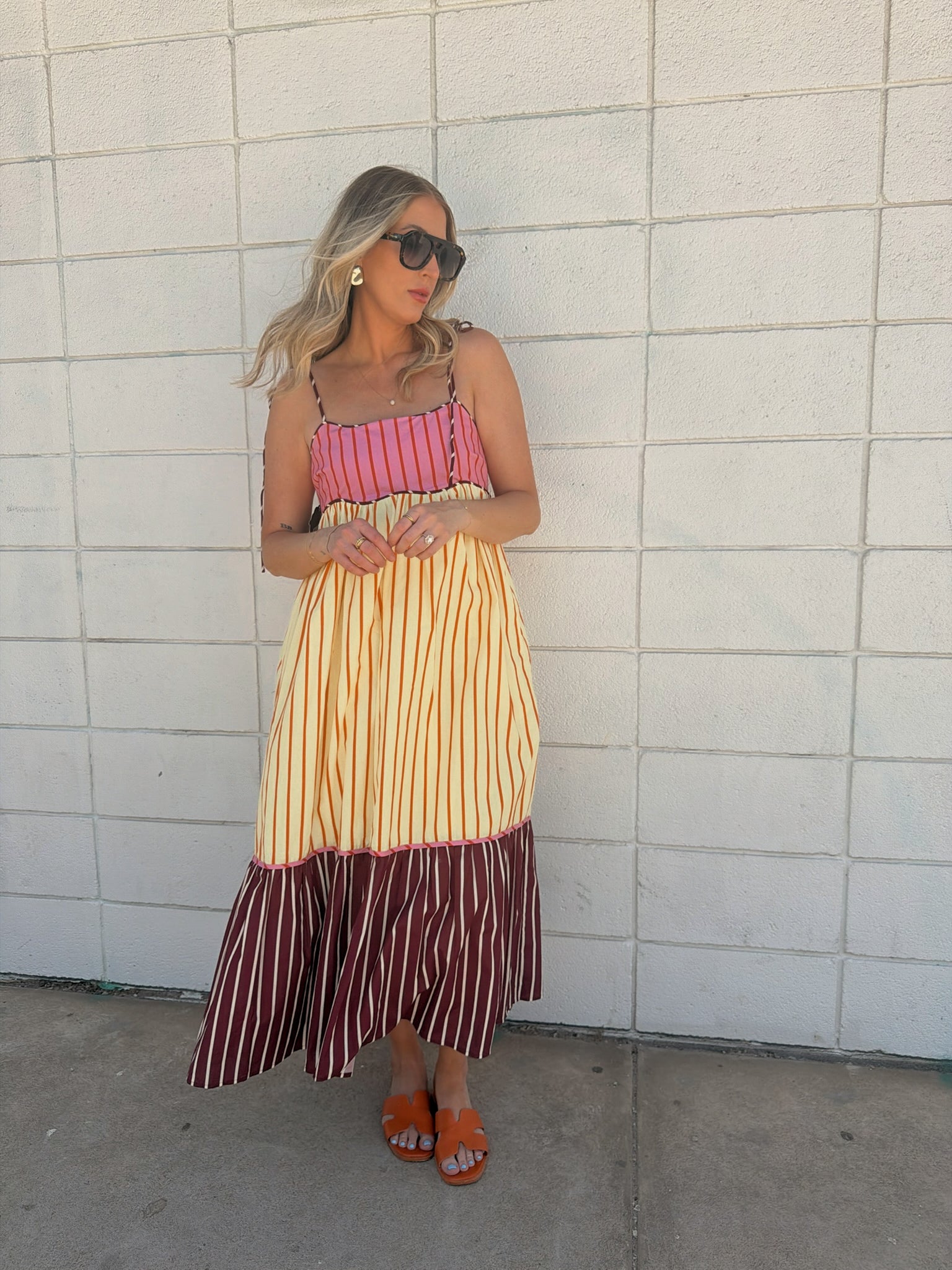 English Factory Colorblock Stripe Tie Midi Dress