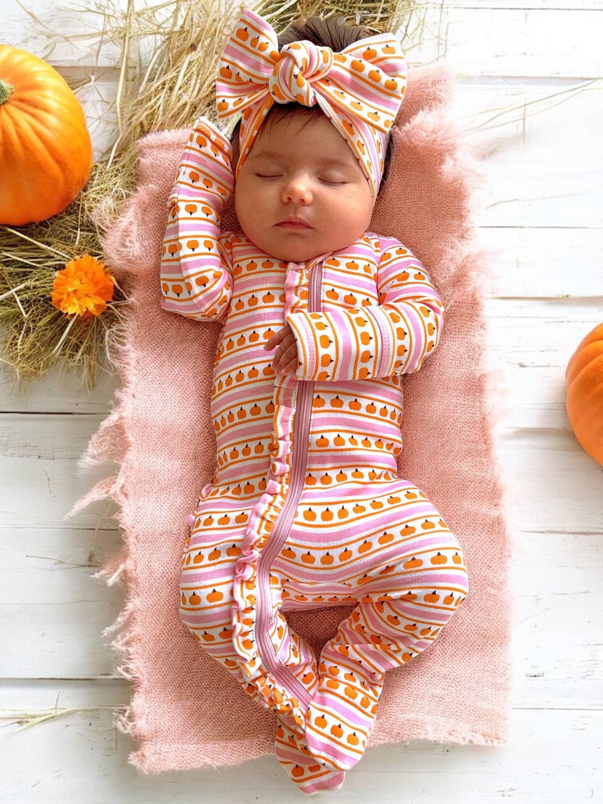 Pumpkin Stripe Pink Organic Frill Zip Footie