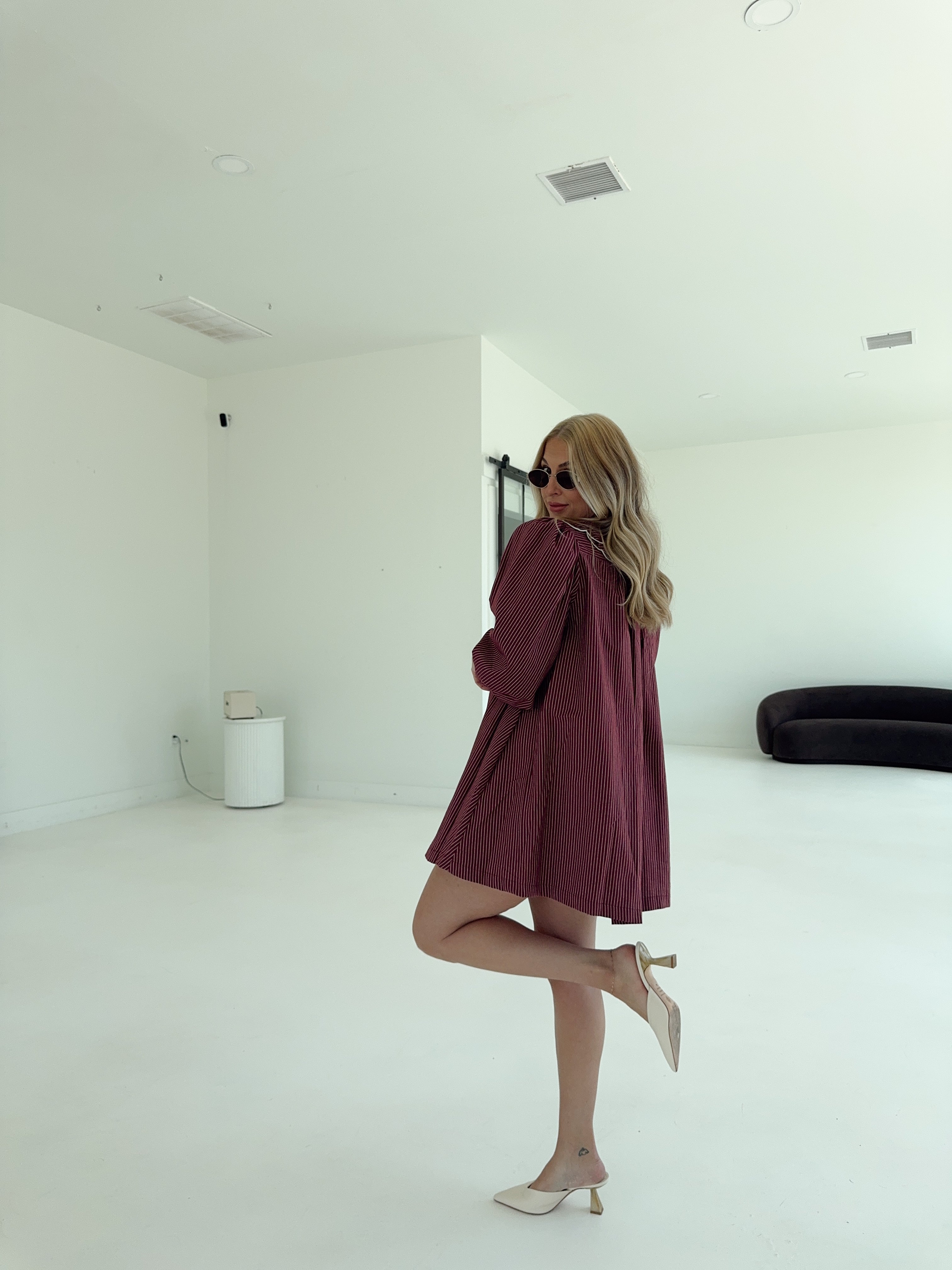 Saige Striped Scallop Collar Dress - Burgundy
