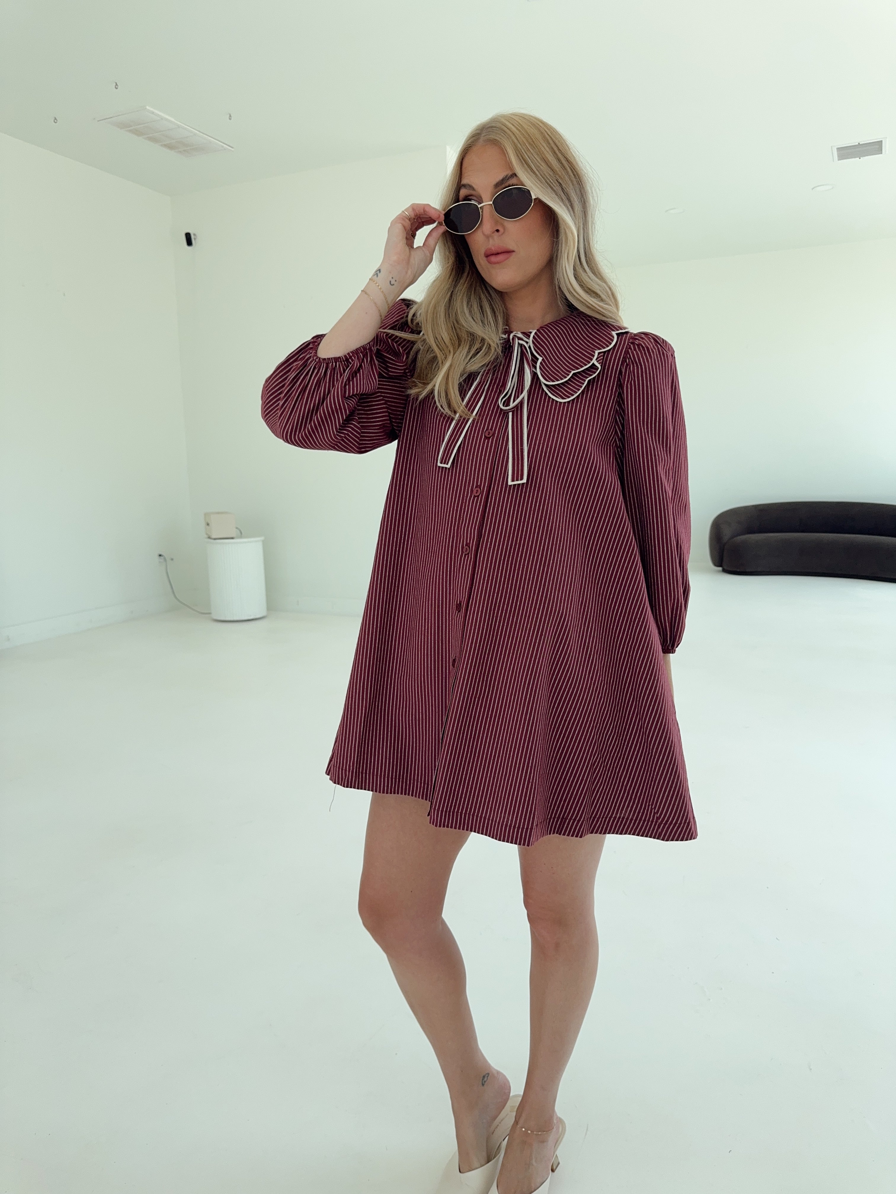 Saige Striped Scallop Collar Dress - Burgundy