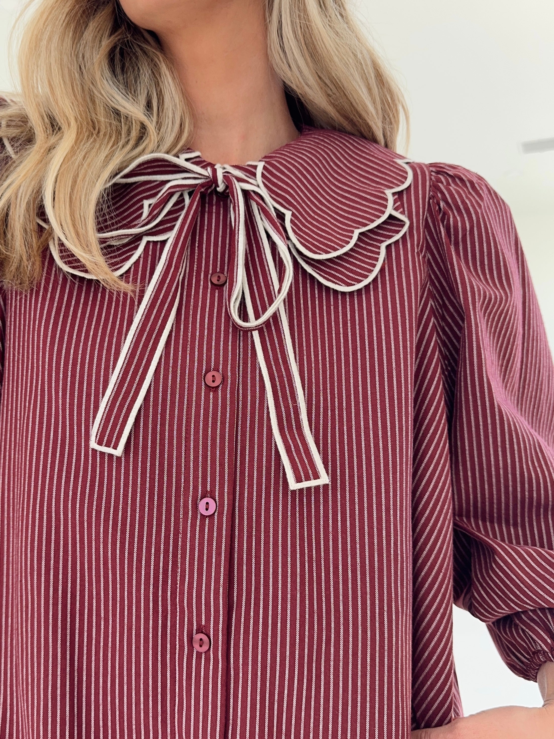 Saige Striped Scallop Collar Dress - Burgundy