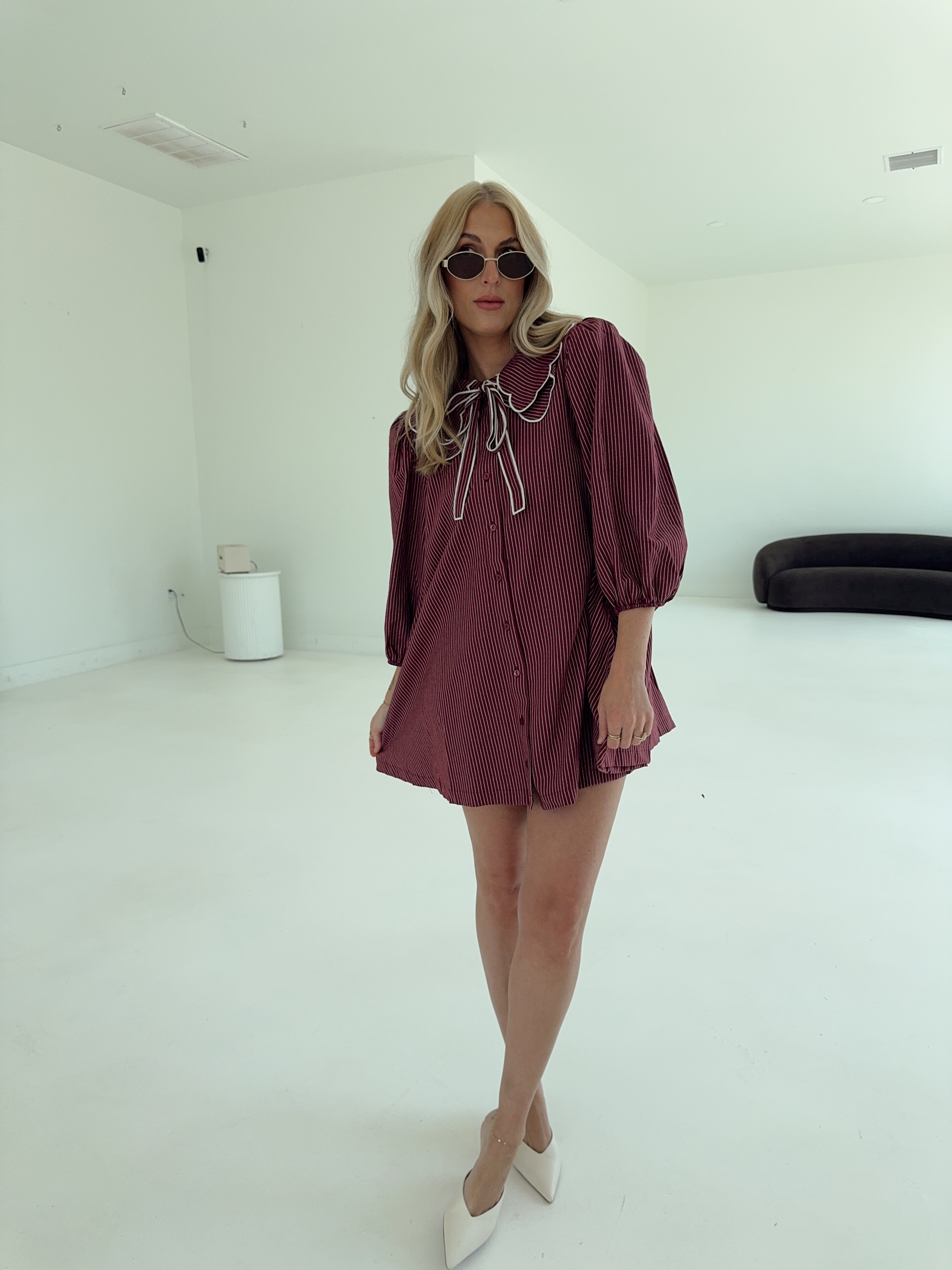 Saige Striped Scallop Collar Dress - Burgundy