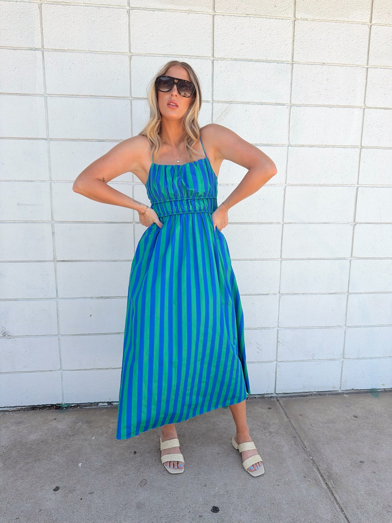 English Factory Striped Smocked Waist Midi Dress