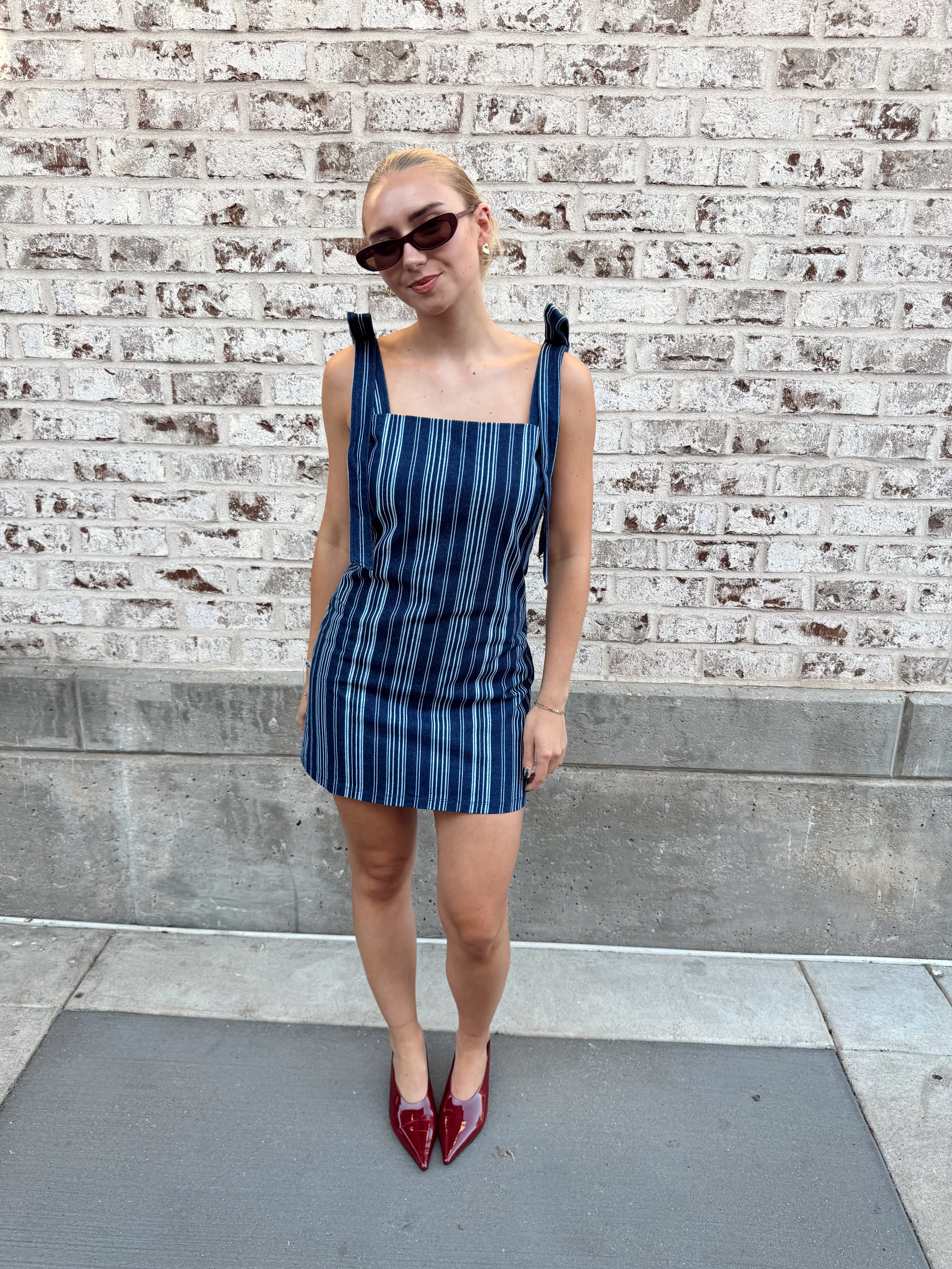 English Factory Denim Stripe Bow Shoulder Mini Dress