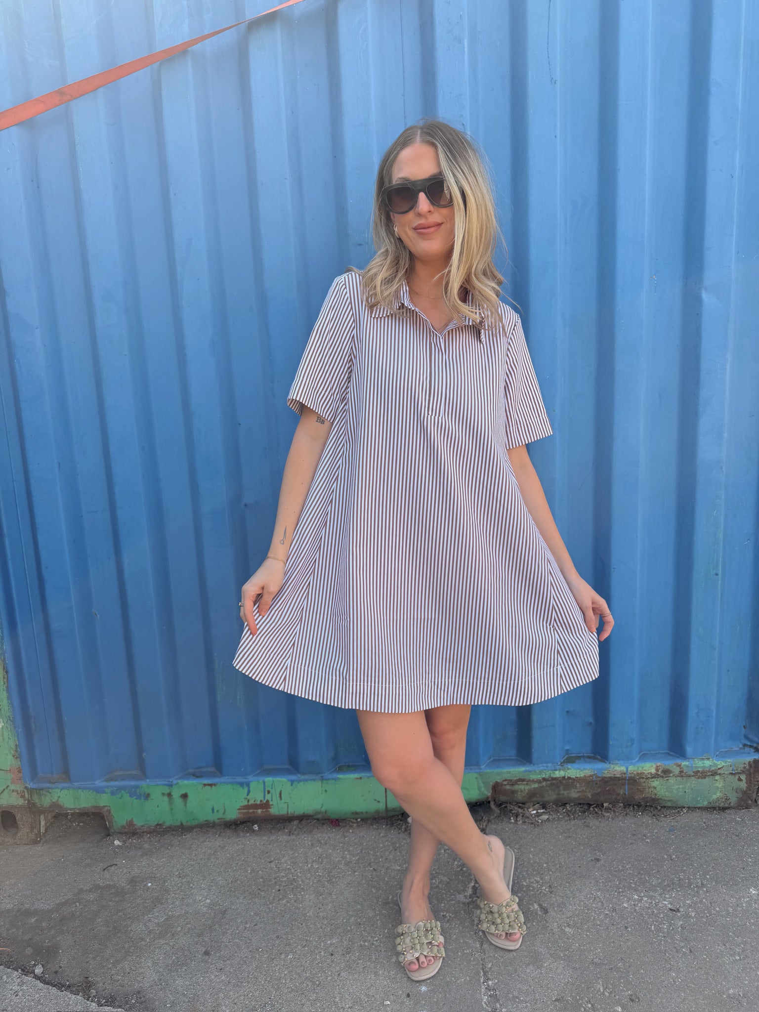 Alyssa A-Line Striped Shirt Dress - Brown Ivory