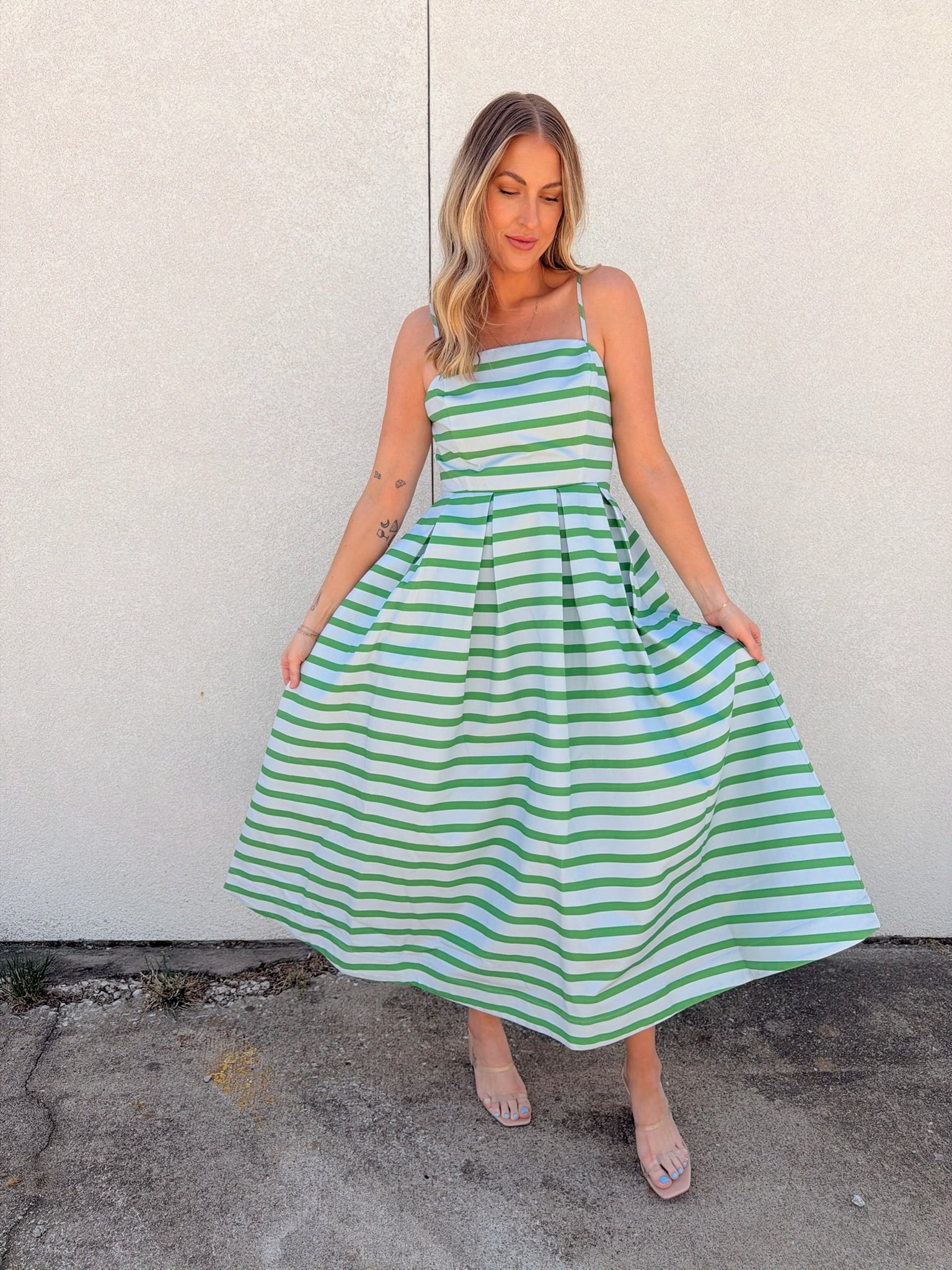 English Factory Striped Pleated Midi Dress