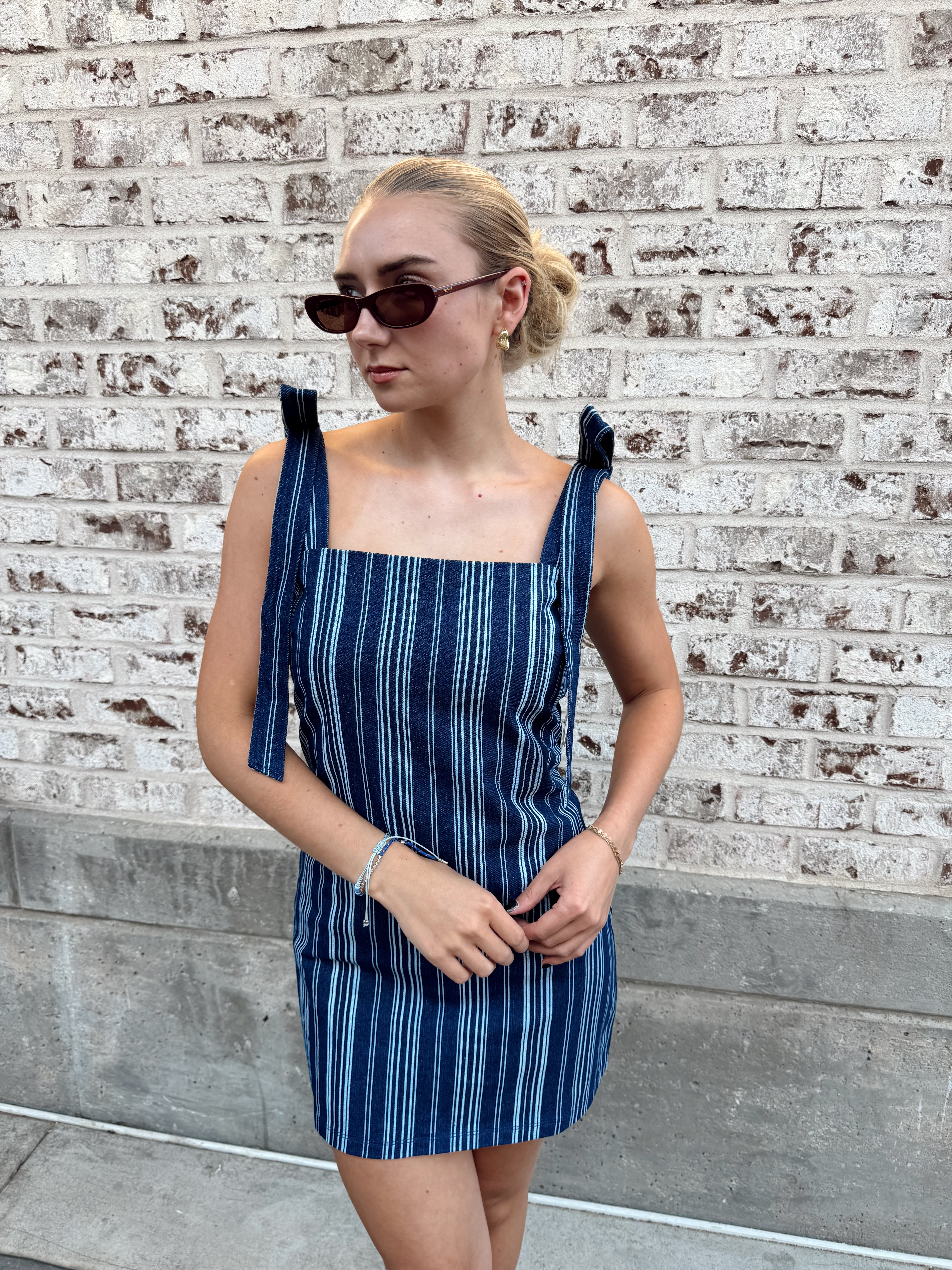 English Factory Denim Stripe Bow Shoulder Mini Dress