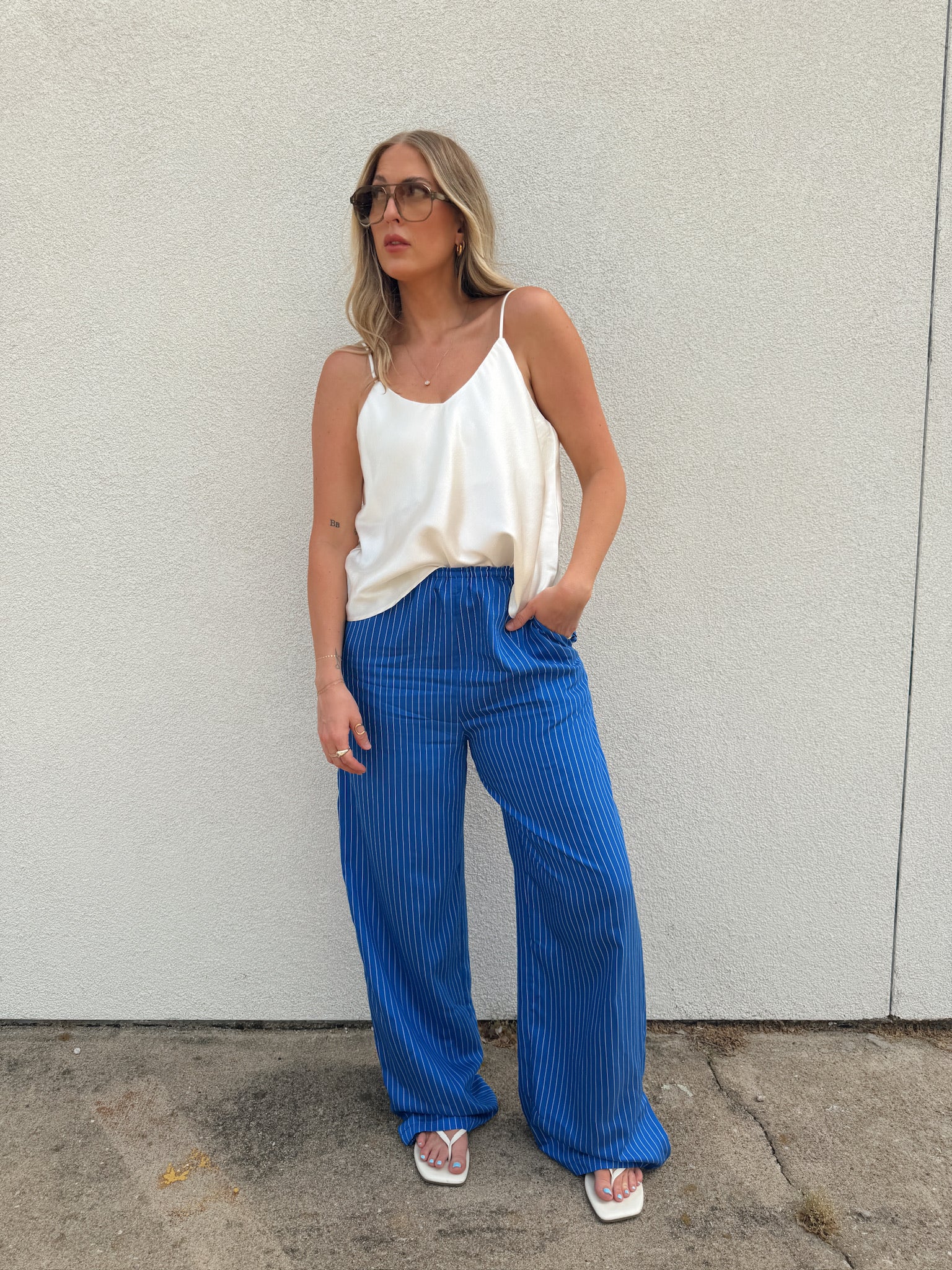 Satin V Neck Tank - White