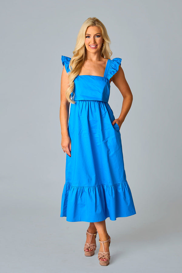 Beverly Ruffle Sleeve Midi Dress - Cobalt