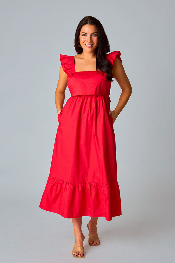 Beverly Ruffle Sleeve Midi Dress - Red