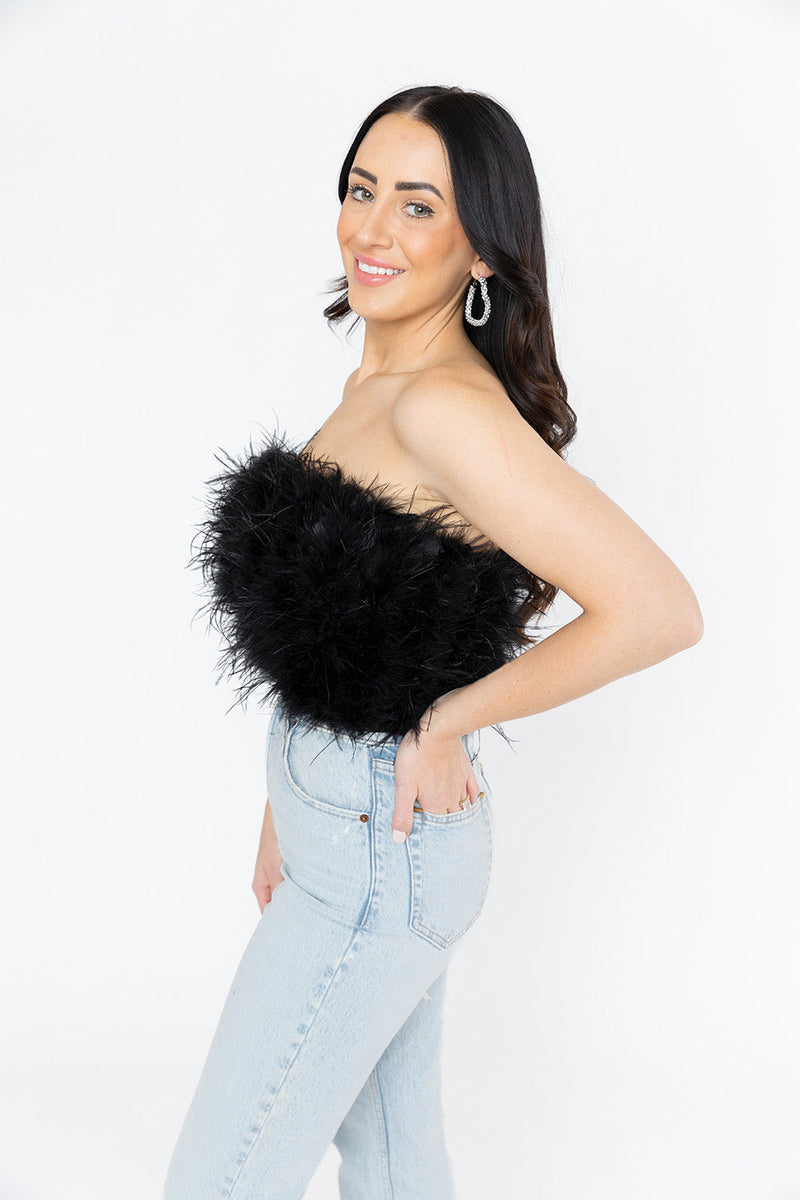 Fancy Strapless Feather Crop Top - Black