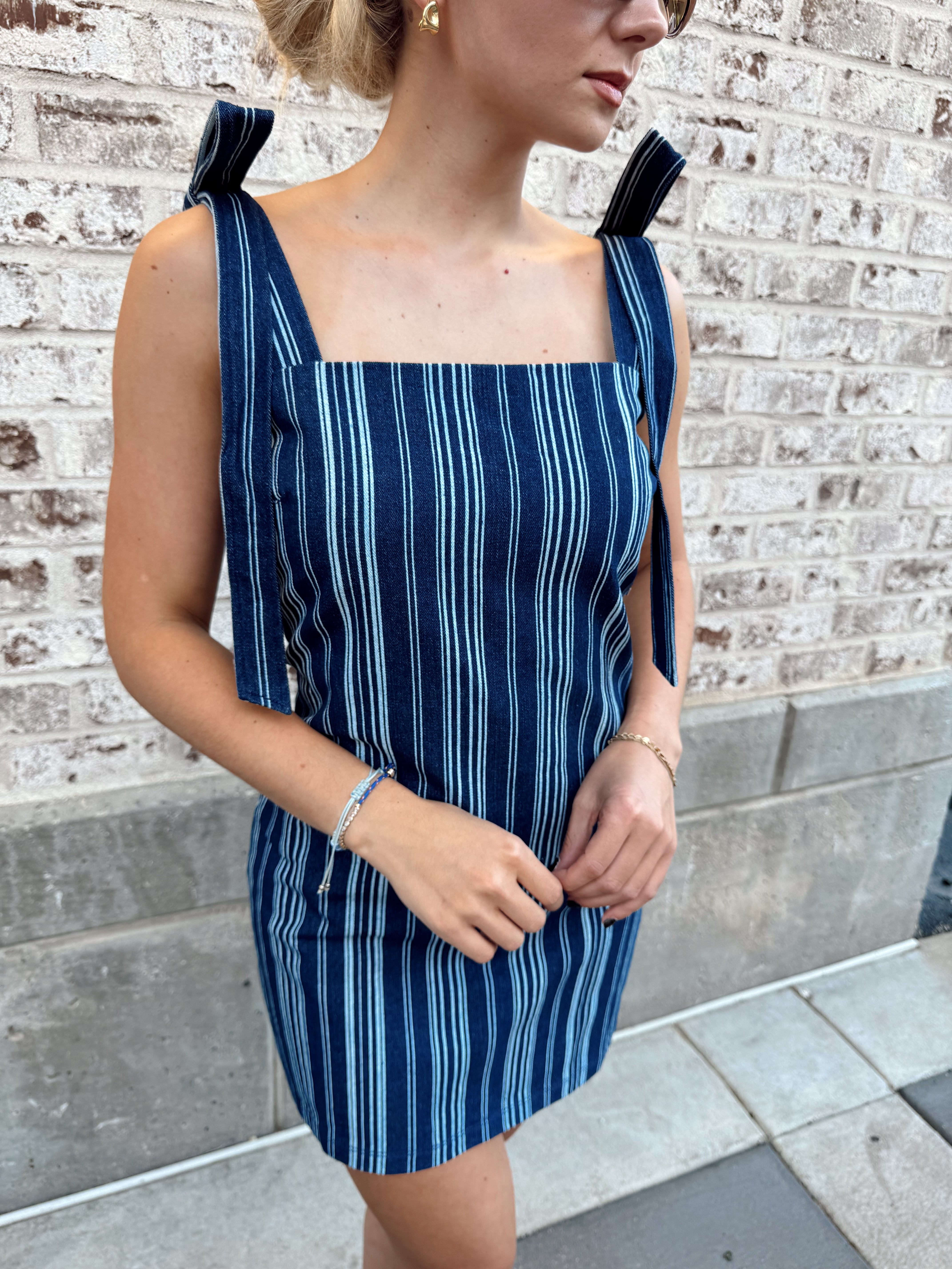 English Factory Denim Stripe Bow Shoulder Mini Dress