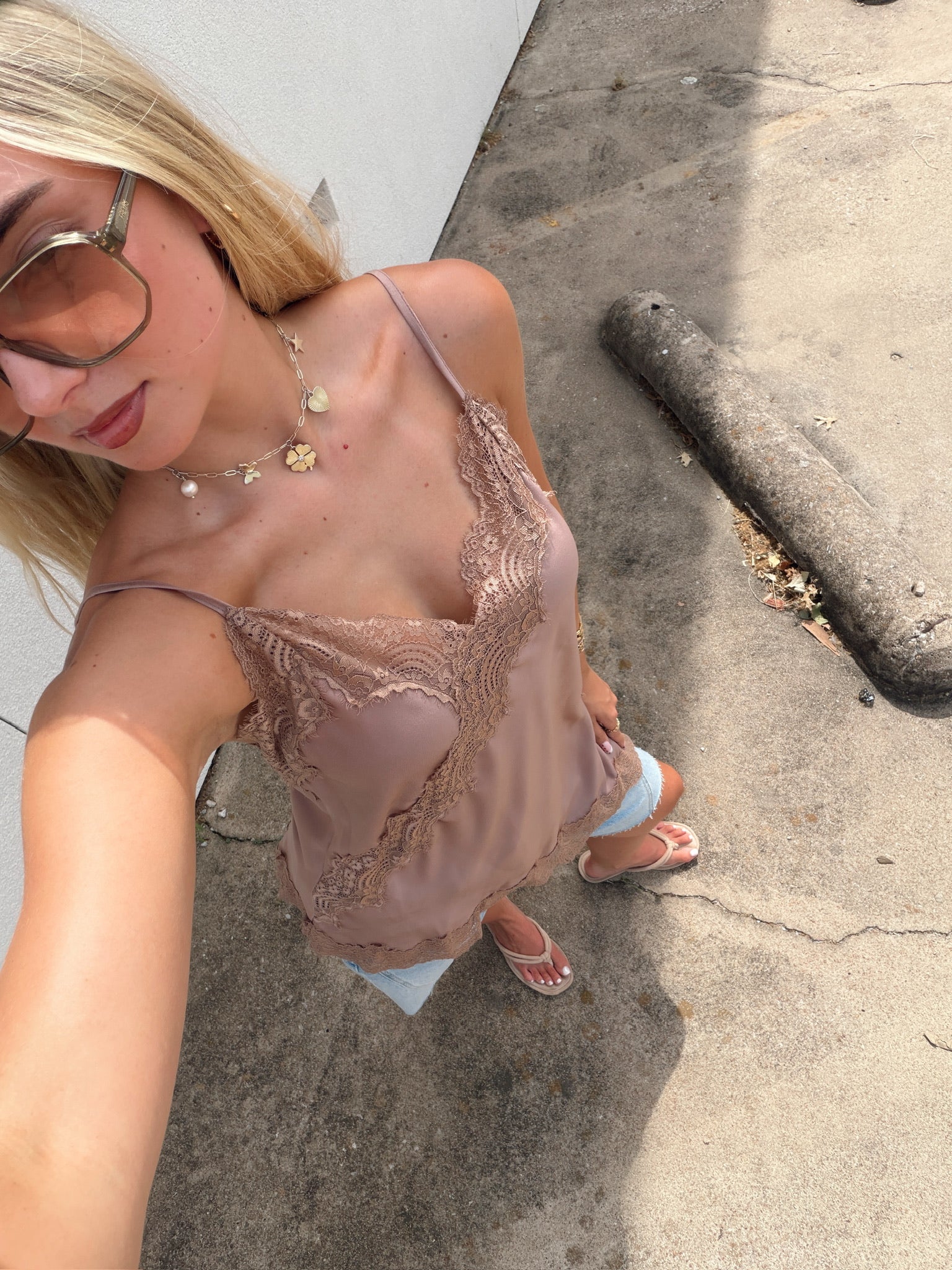 Diana Asymmetrical Lace Tank - Mocha