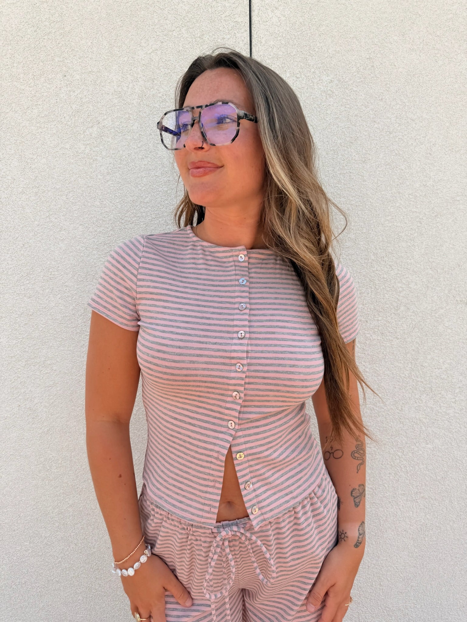 Brady Striped Button Up Top - Pink/Grey