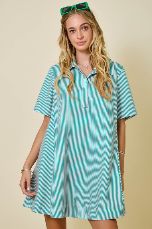 PRE-ORDER Alyssa A-Line Striped Shirt Dress - Green Pink (eta 4/10)