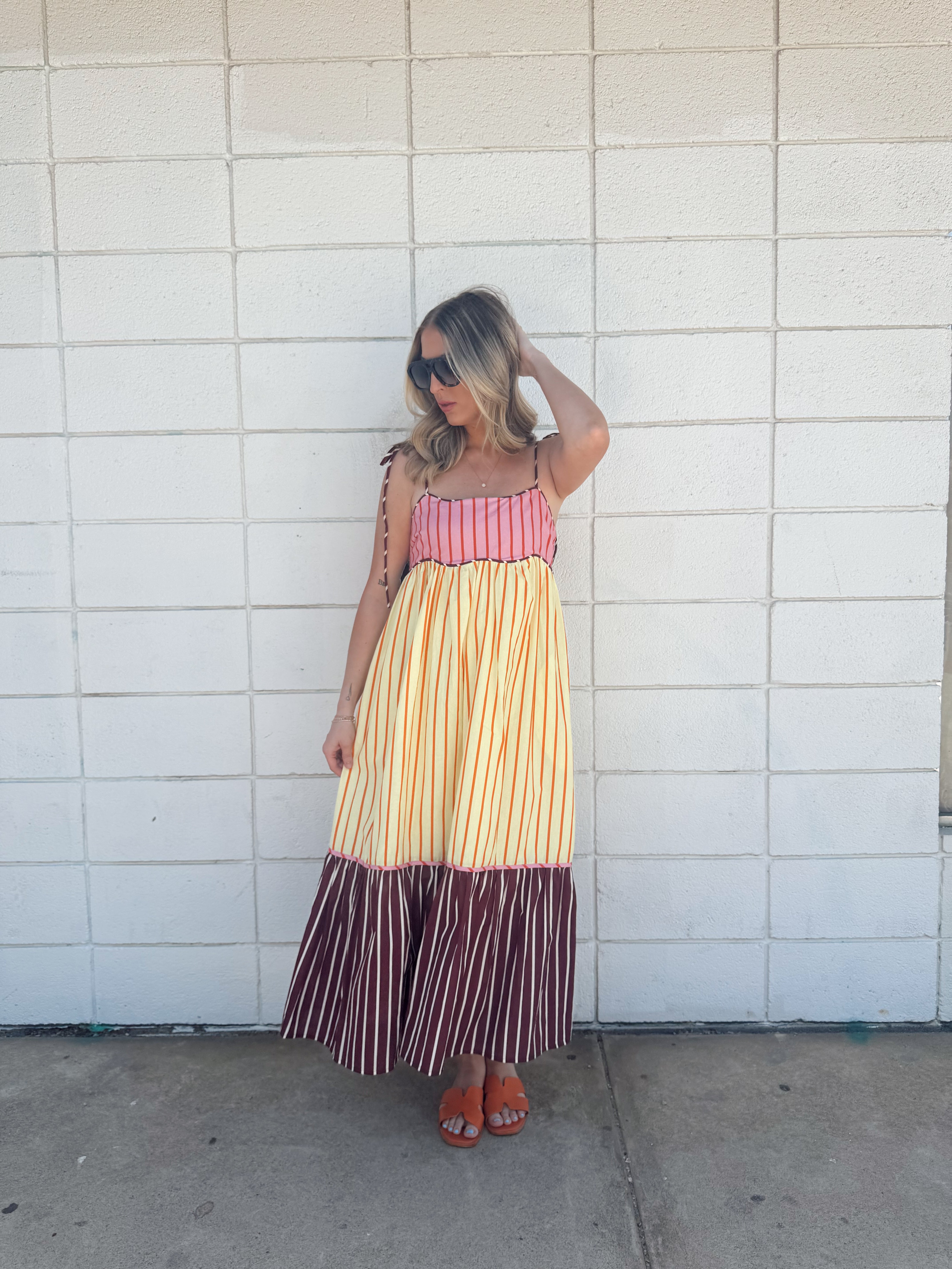 English Factory Colorblock Stripe Tie Midi Dress