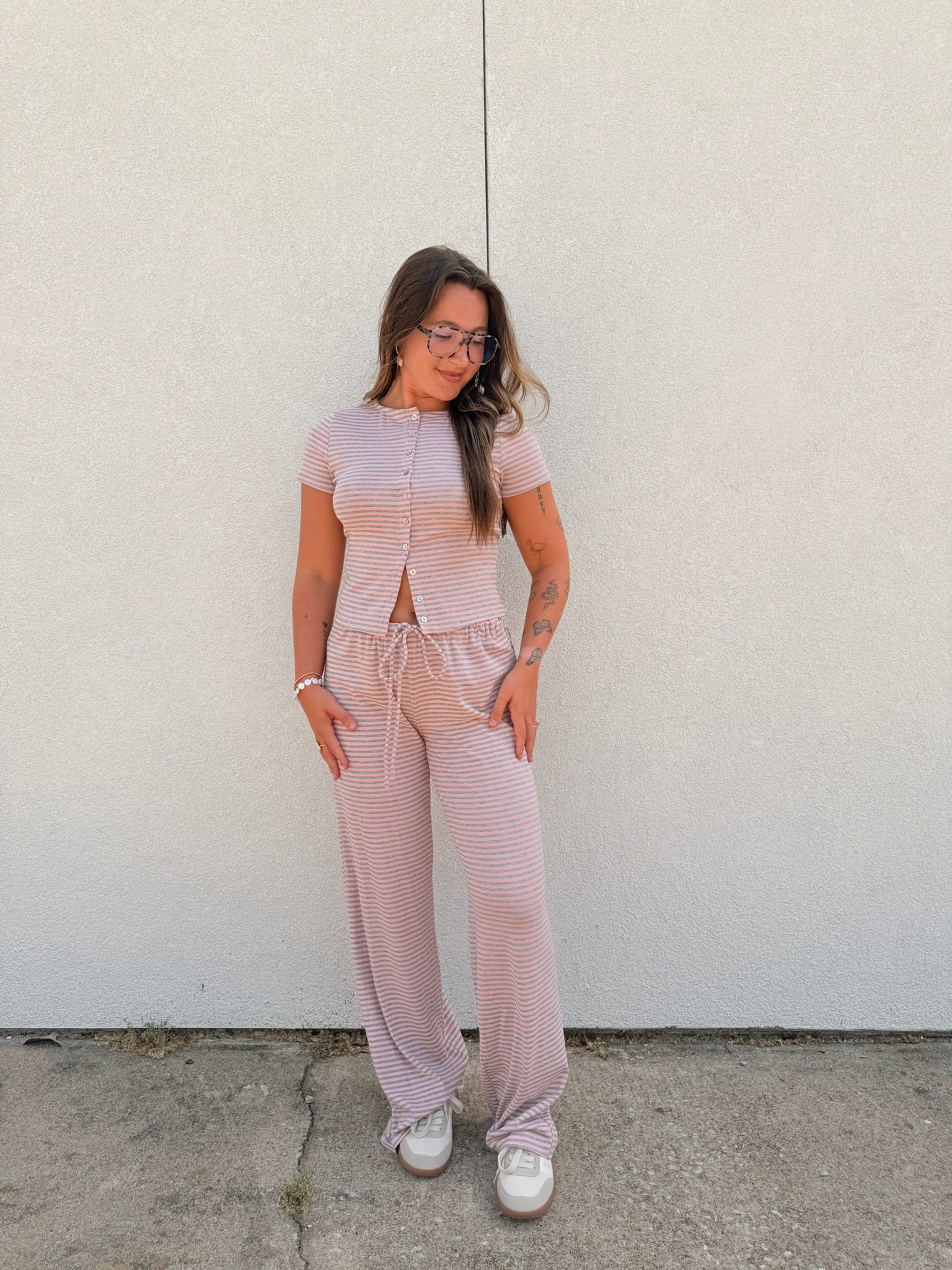Brady Striped Button Up Top - Pink/Grey