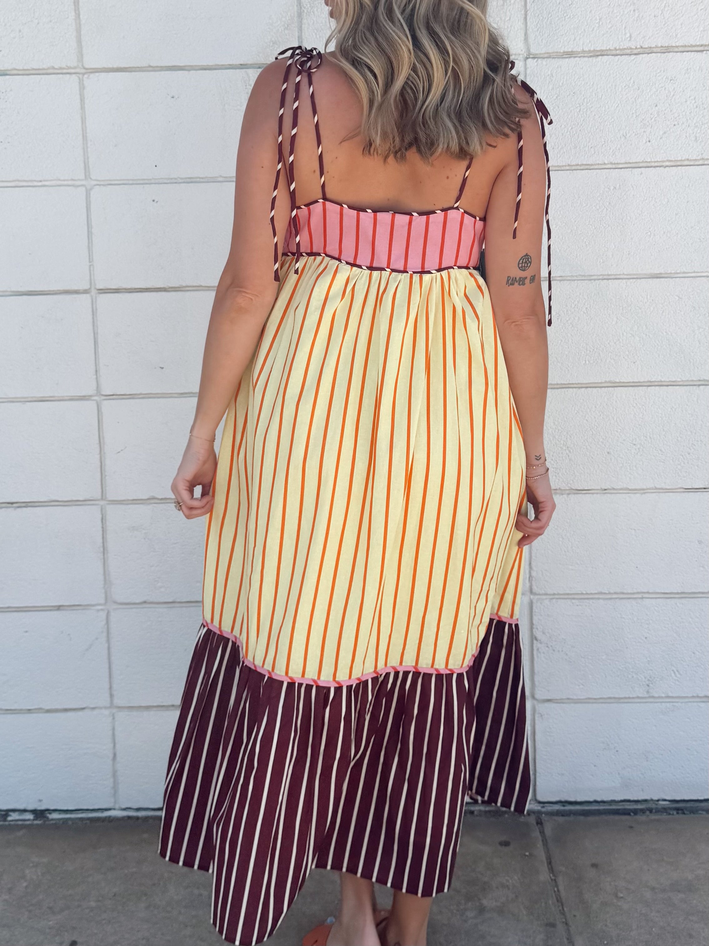 English Factory Colorblock Stripe Tie Midi Dress