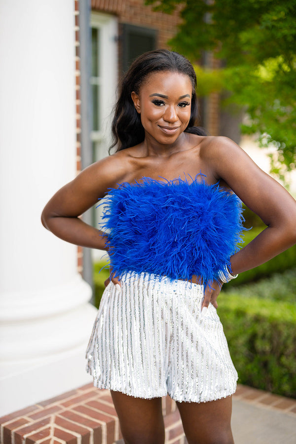 Fancy Strapless Feather Crop Top - Royal Blue