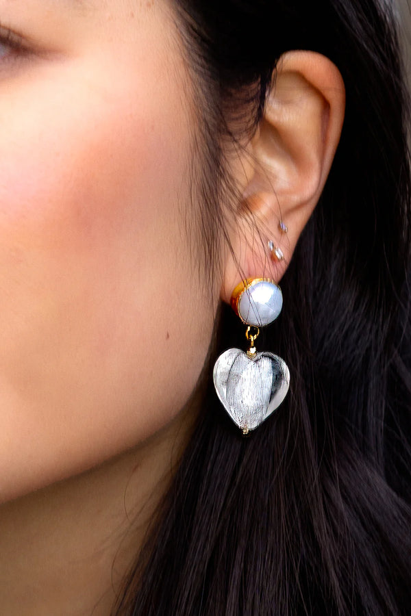 Peter + June Heart of Glass Earring in White Murano Glass