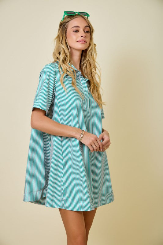 PRE-ORDER Alyssa A-Line Striped Shirt Dress - Green Pink (eta 4/10)