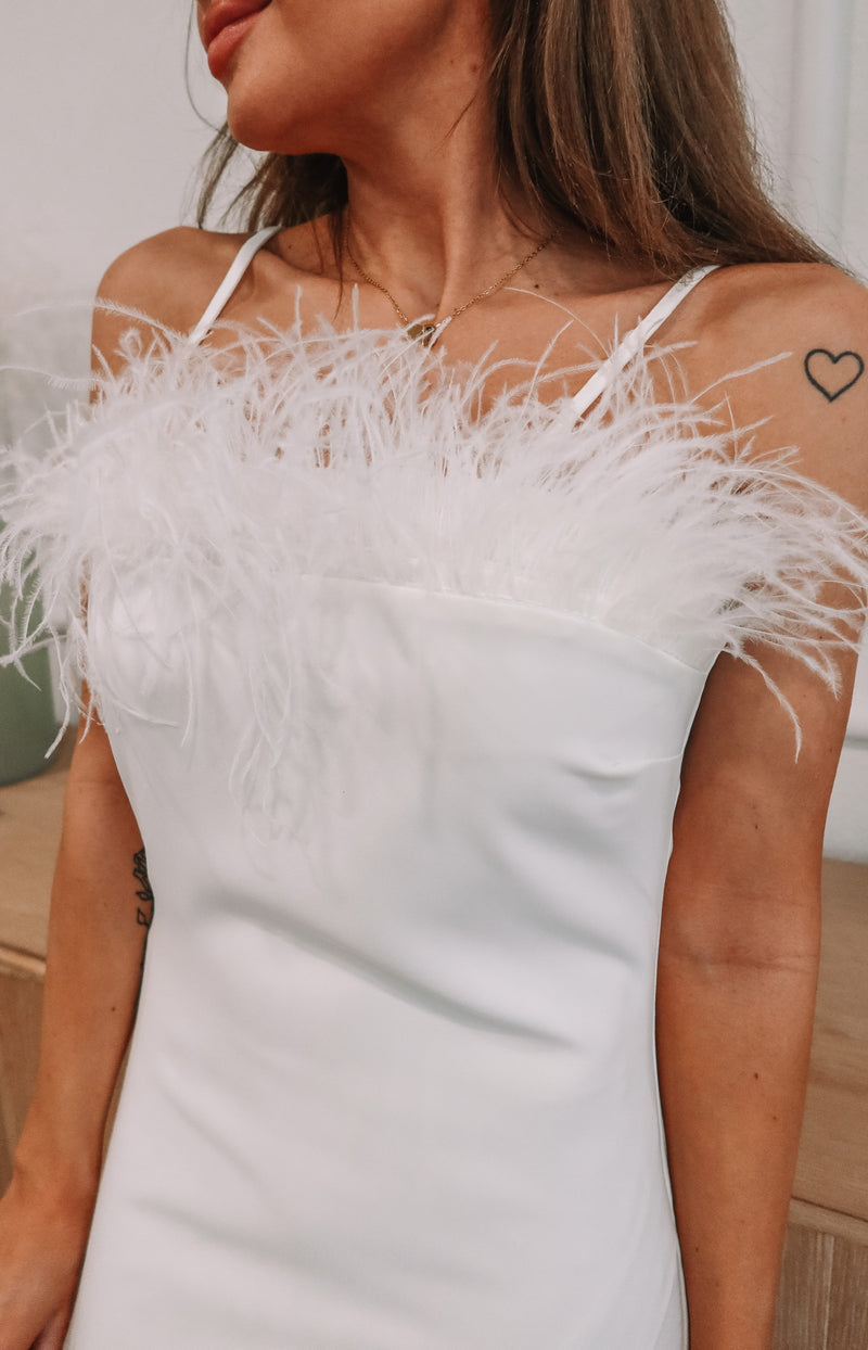 Feather Trim Mini Dress - White