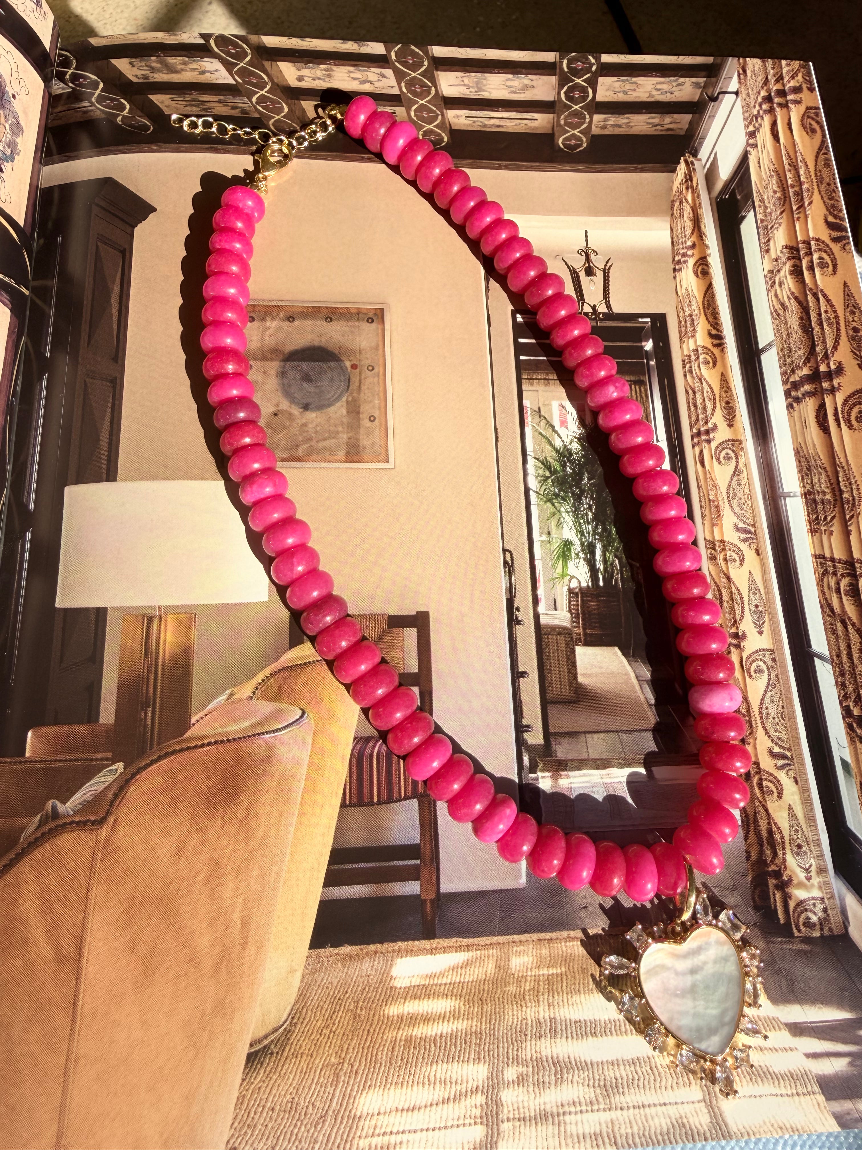 Regal Red Beaded Necklace with Pearl Heart Charm