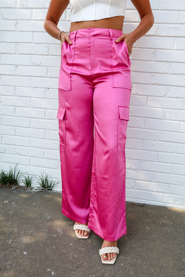 Pink Satin Cargo Pants