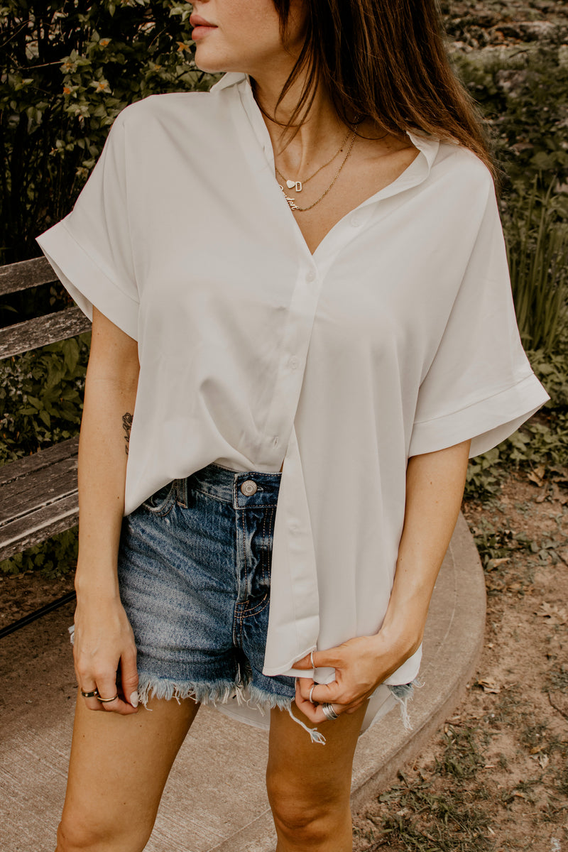 Oversized Satin Button Down - White