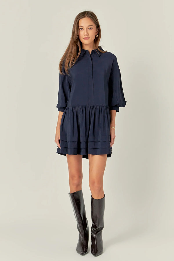 English Factory Navy Collared Drop Waist Dress