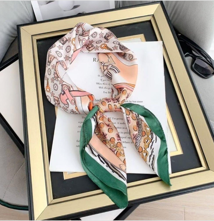 Key & Flower Pattern Silky Bandana Square Neck Scarf