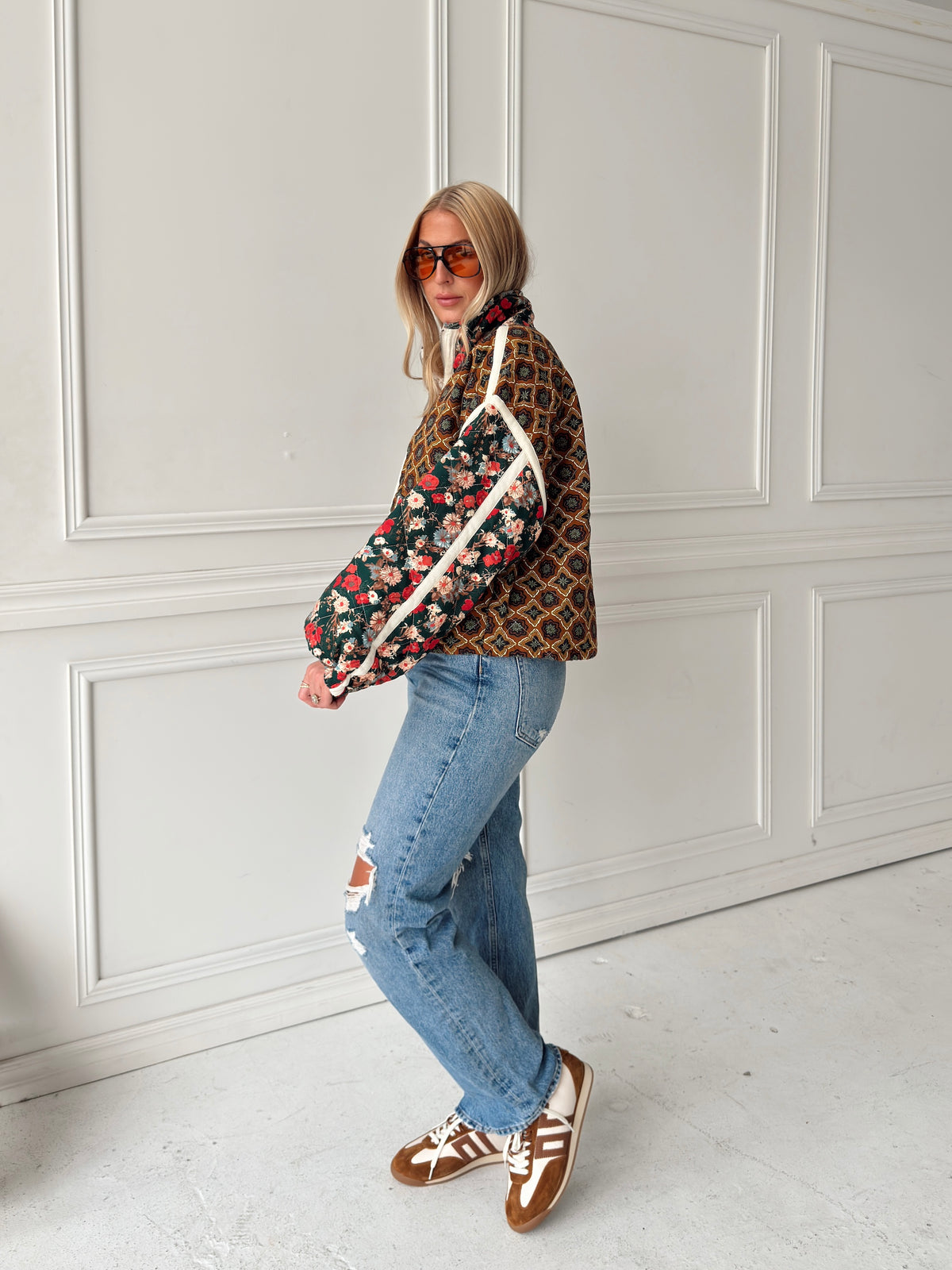 Quinn Quilted Bomber Jacket in Brown