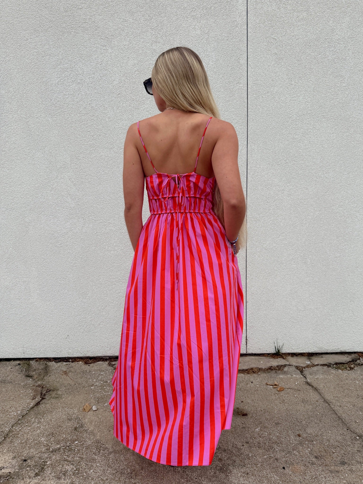 English Factory Striped Smocked Waist Midi Dress - Pink/Red