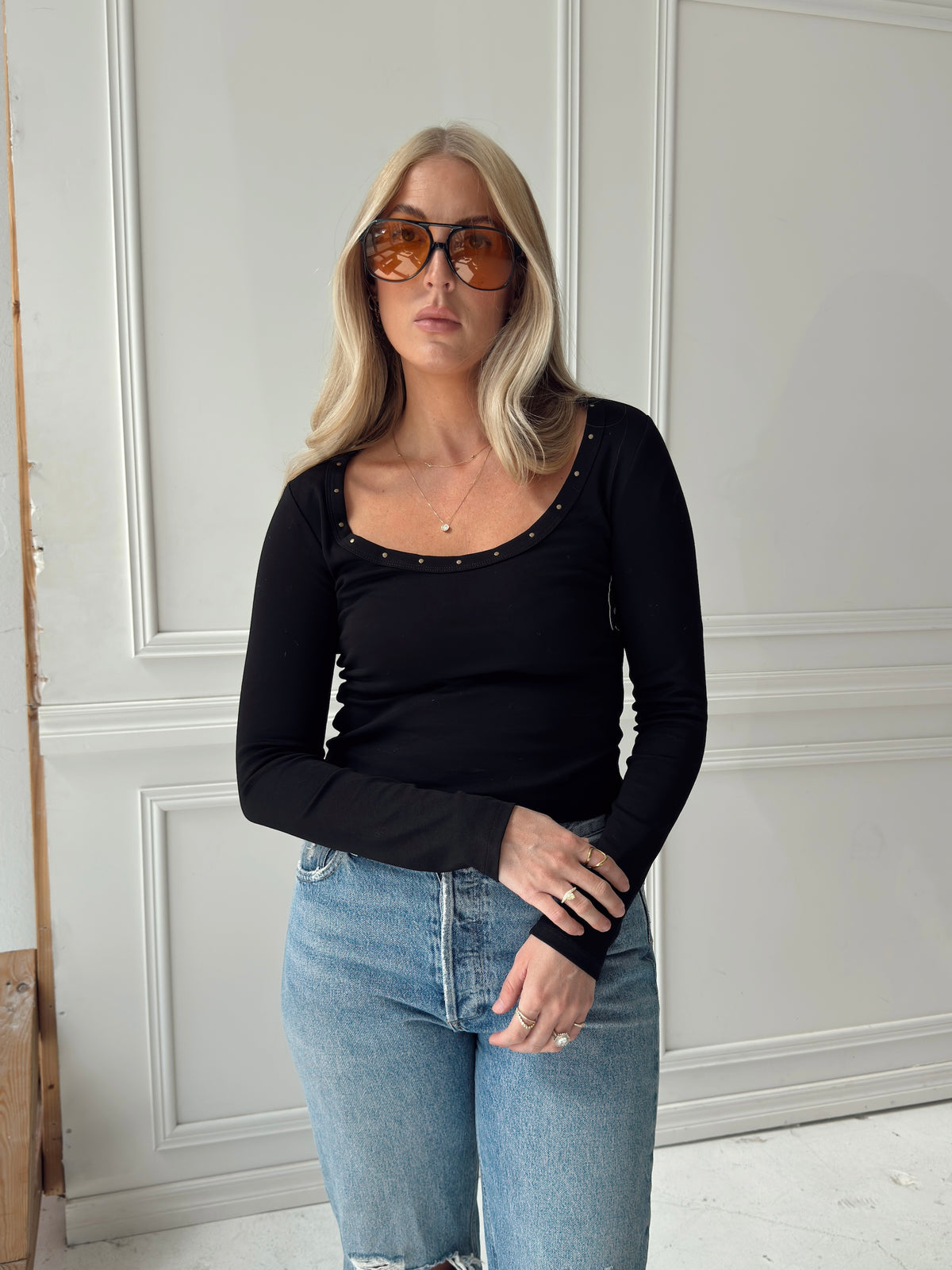 Amelia Studded Long Sleeve Top - Black
