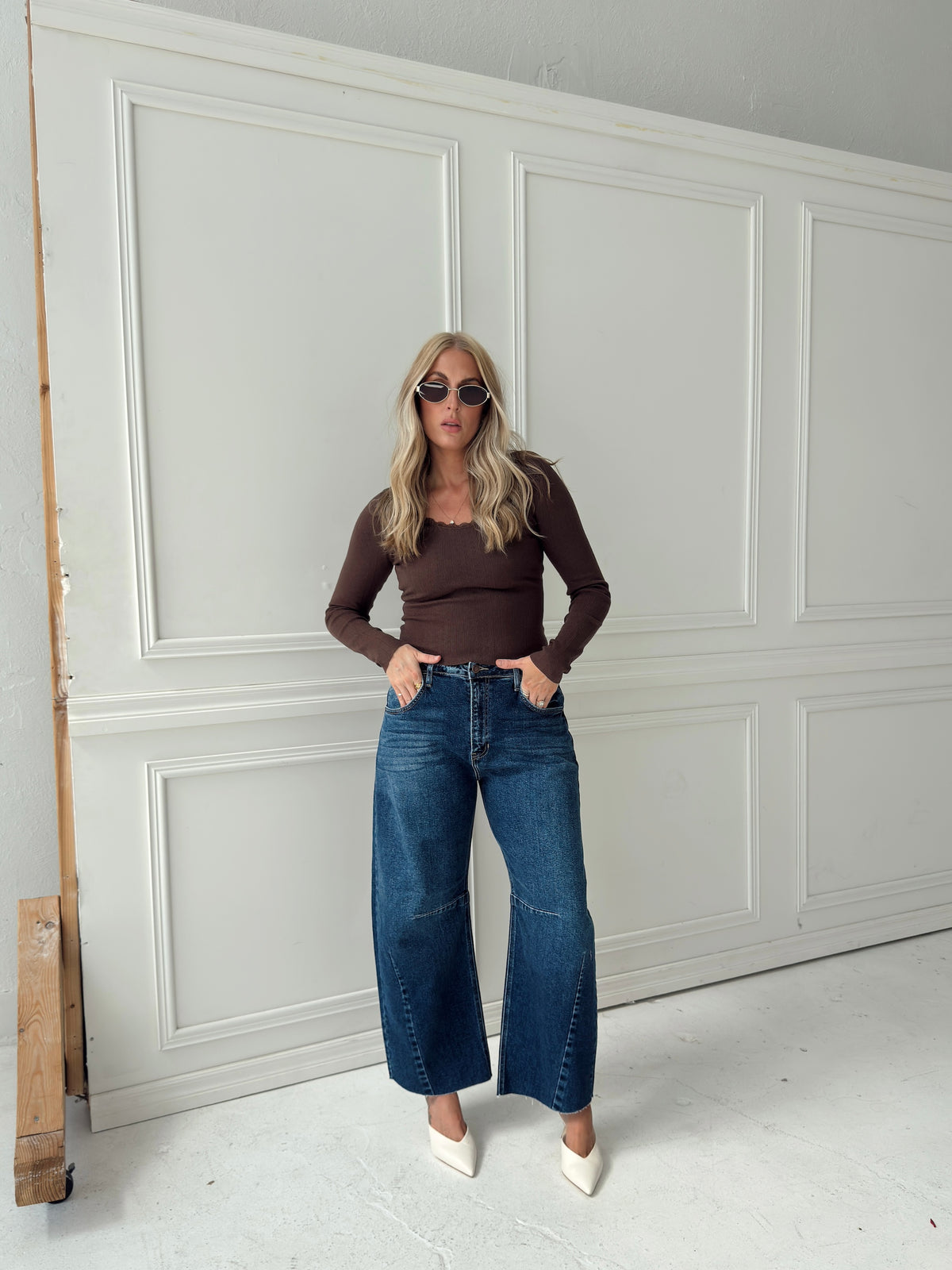Presley Pointelle Rib Knit Sweater - Brown