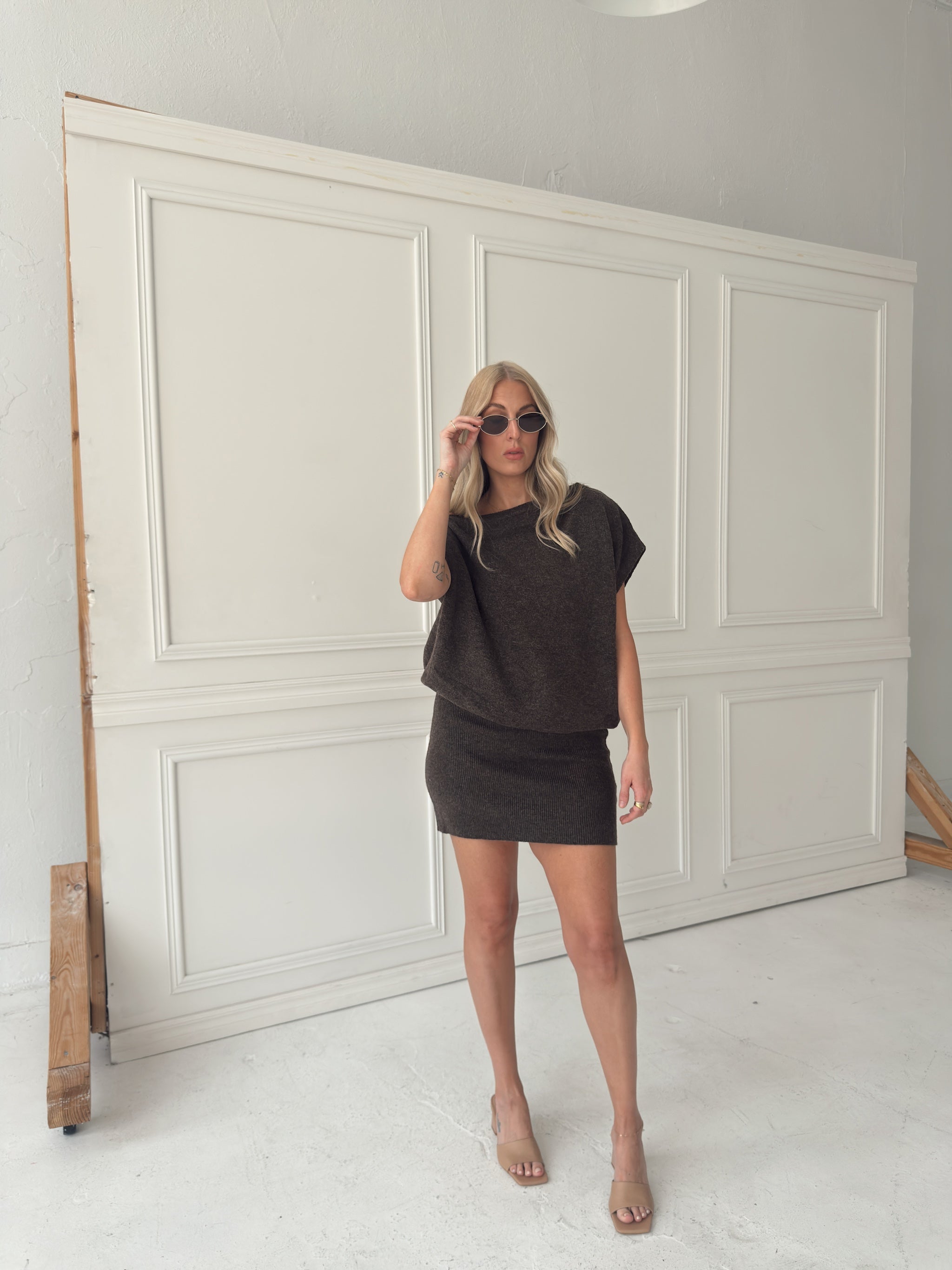 Lauren Off Shoulder Drop Waist Sweater Dress - Brown