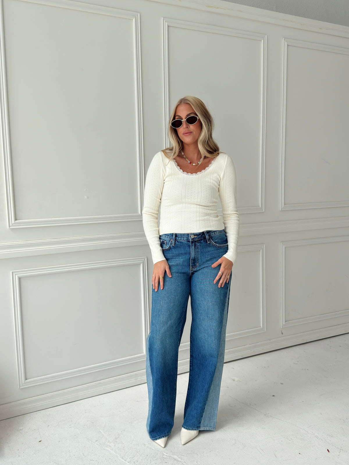 Presley Pointelle Rib Knit Sweater - Ivory