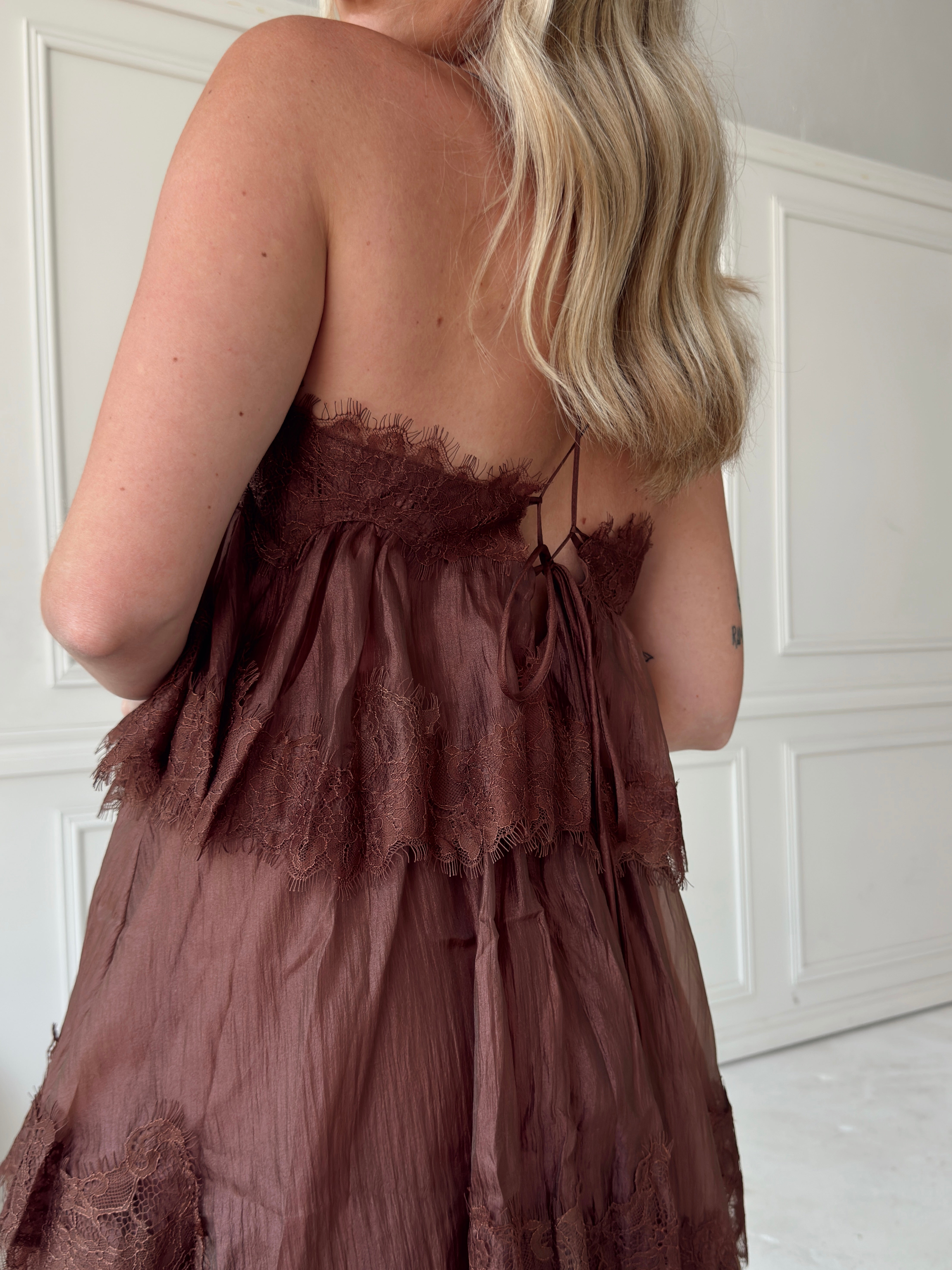 Beulah Style Tiered Lace Trim Maxi Slip Dress