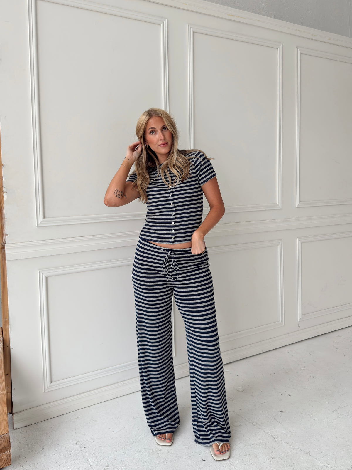 Brady Striped Button Up Top - Navy/Grey