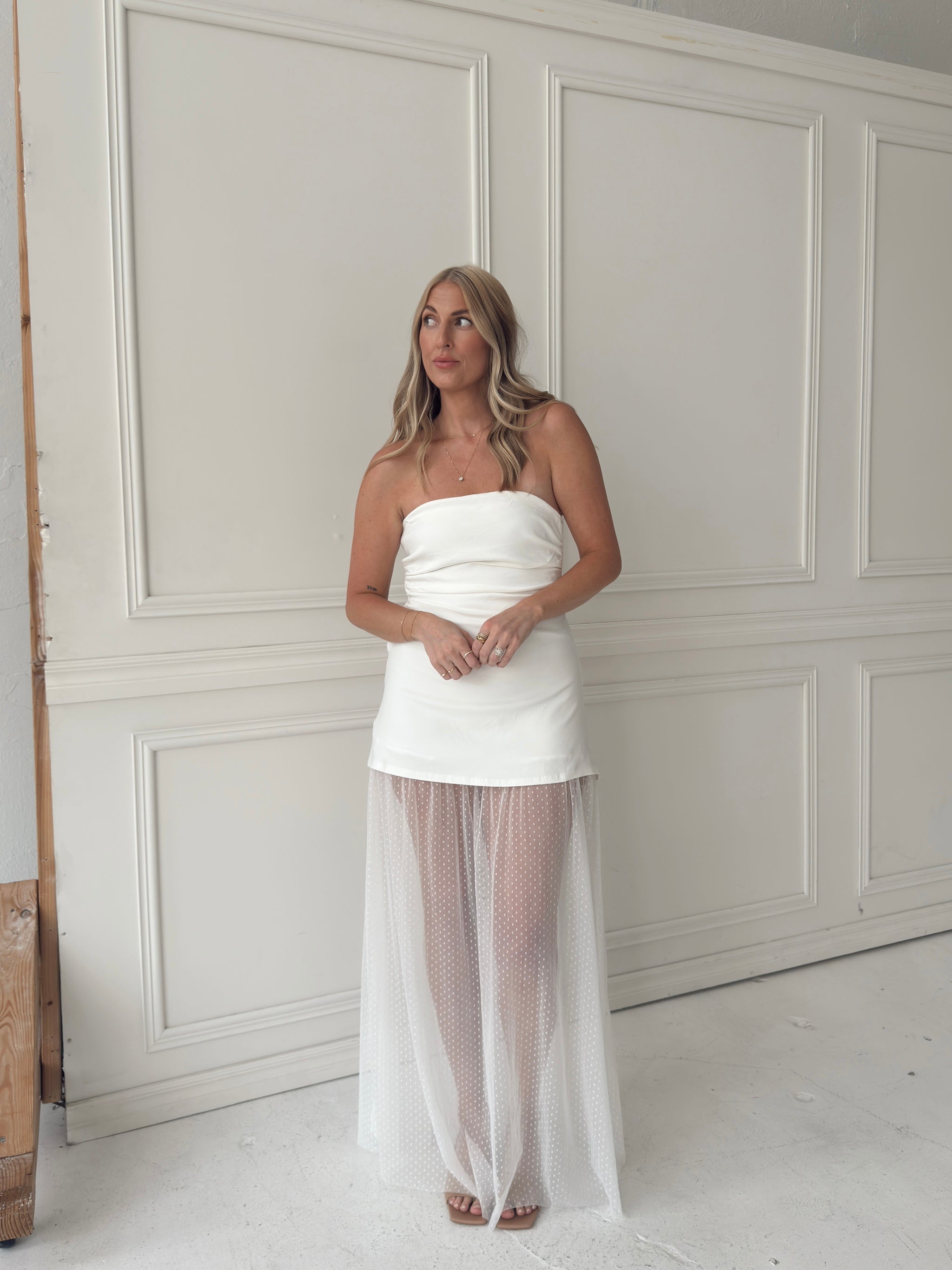 Melissa Strapless Mesh Maxi Dress - White