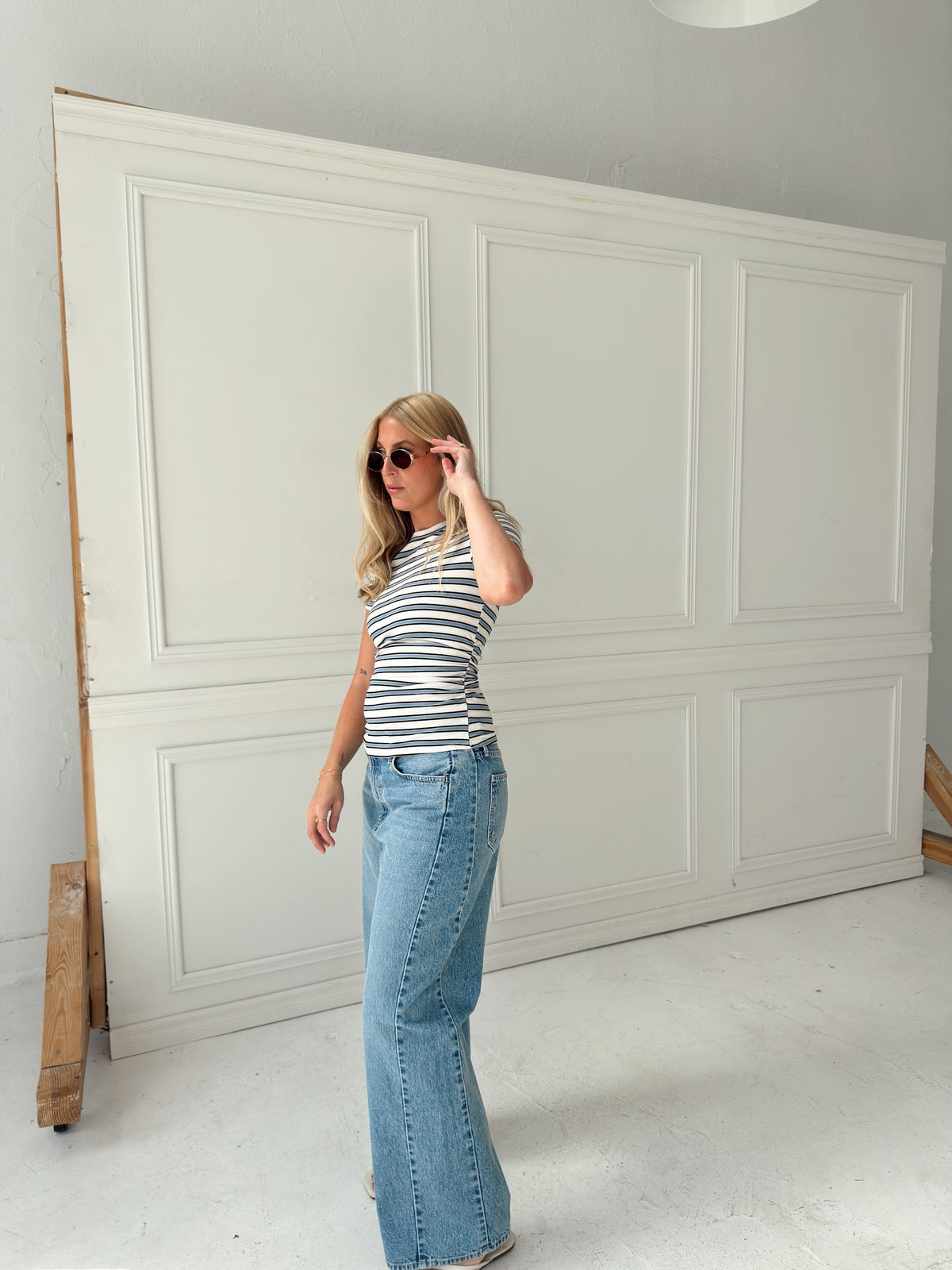 Sophia Stripe Ruched Short Sleeve Top