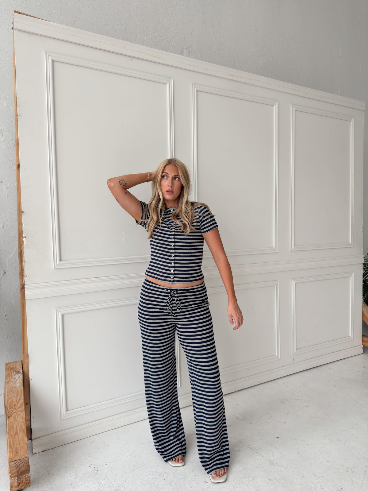 Brady Striped Button Up Top - Navy/Grey