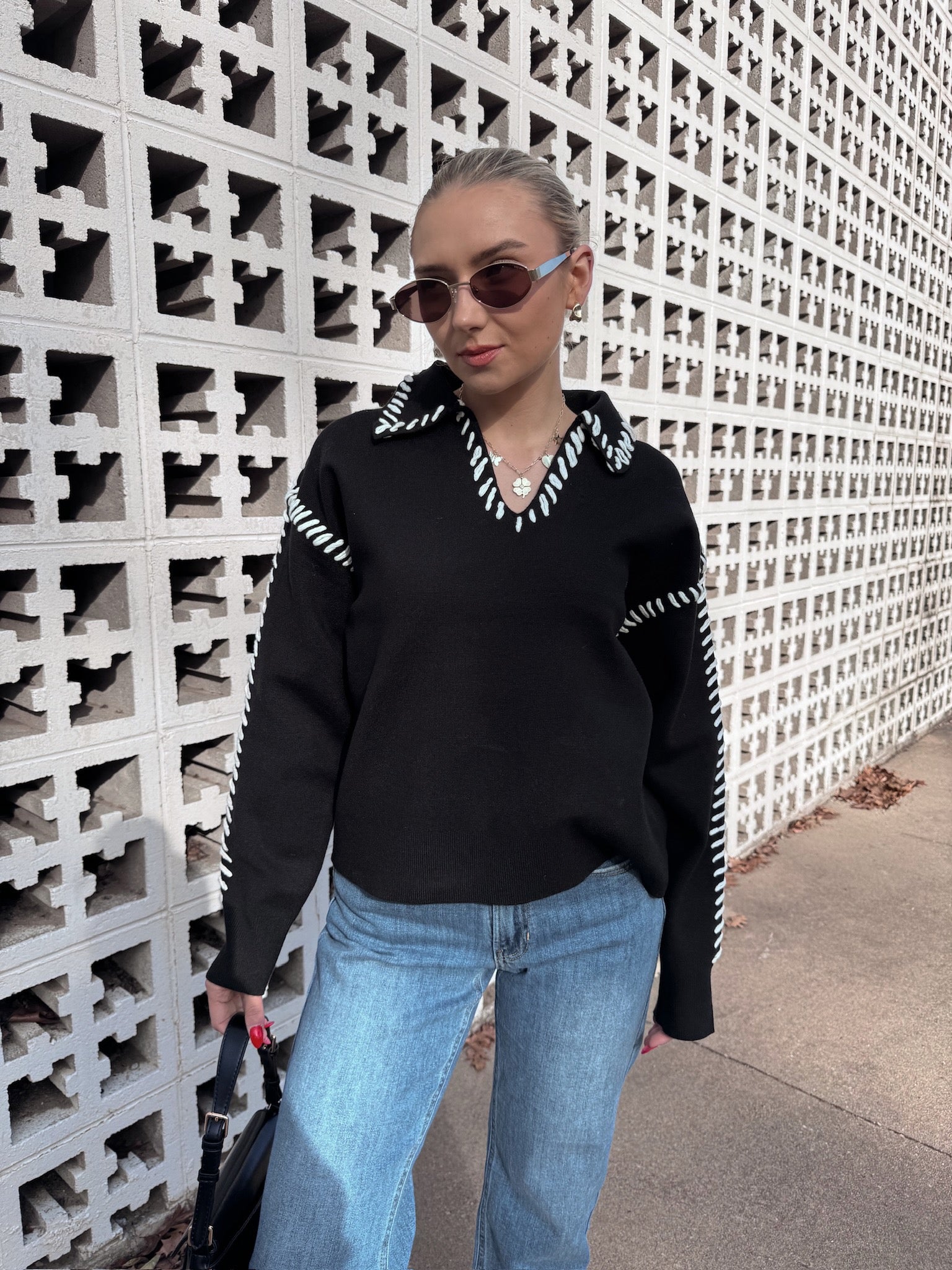 English Factory Stitch Detail Knit Collar Top