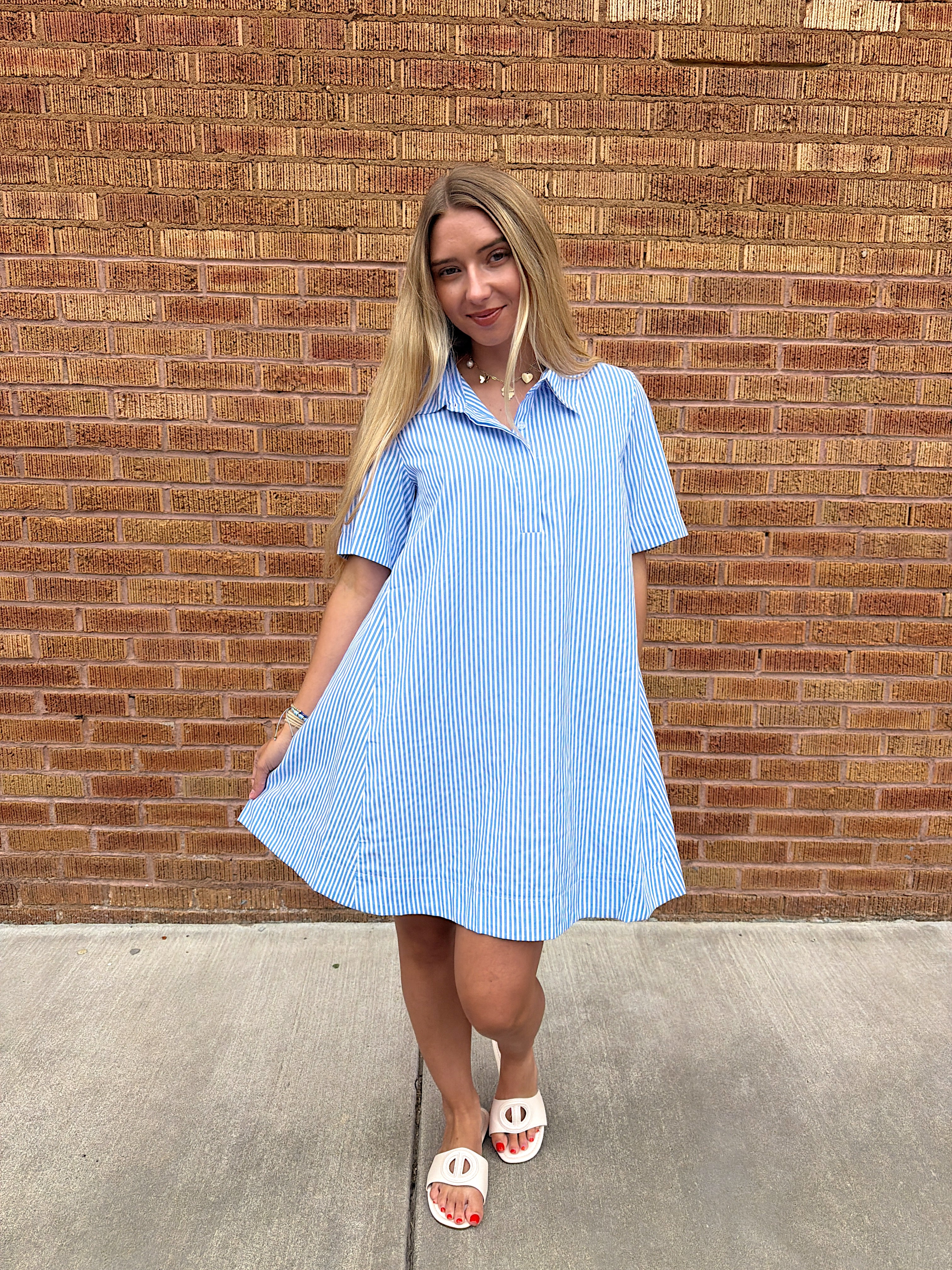 Alyssa A-Line Striped Shirt Dress - Blue Ivory